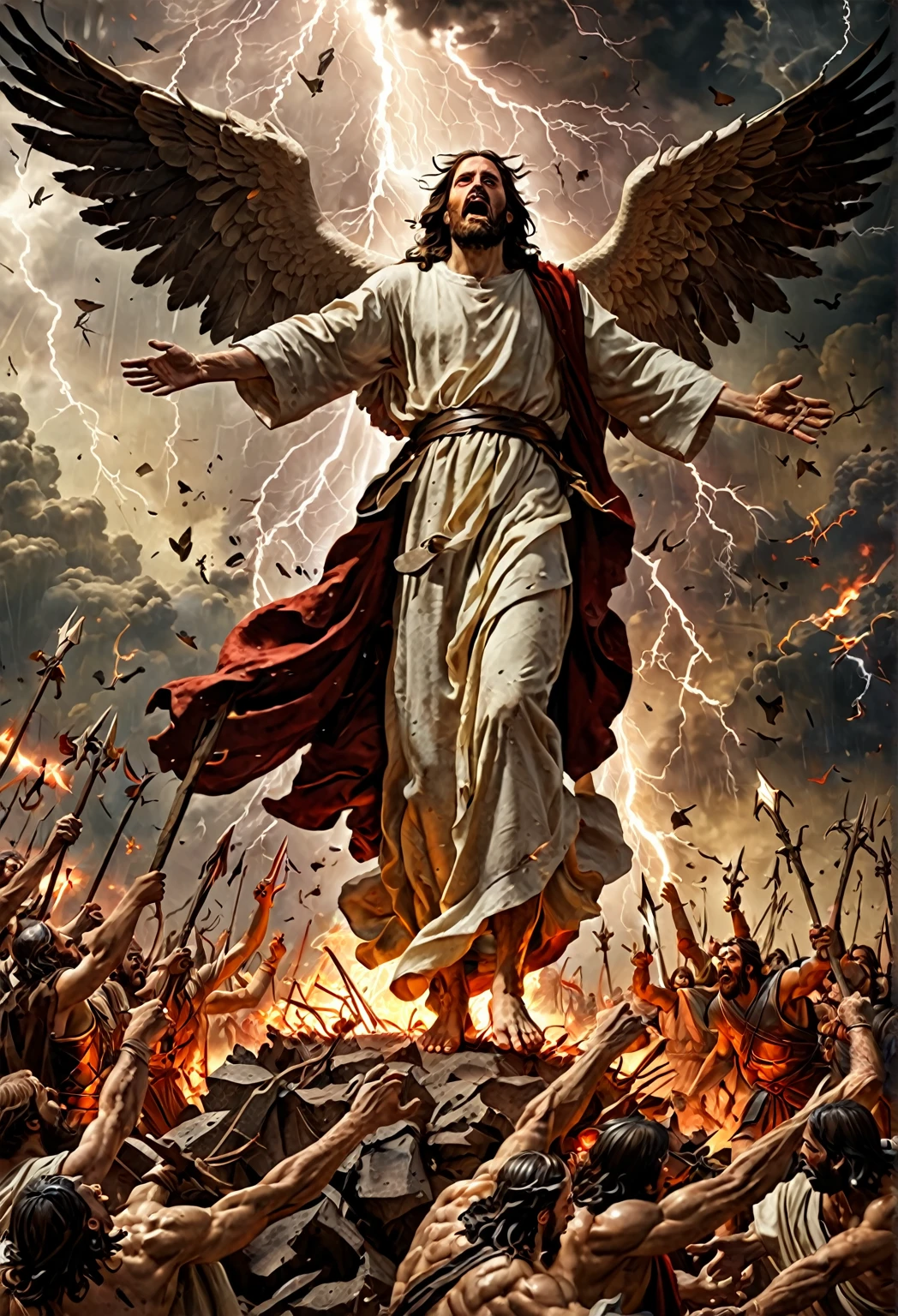 Jesus Christ stands triumphant, crushing Lucifer beneath his feet amidst a chaotic battlefield. Surrounding them, angels clash with demons amidst a tempest of lightning, fire, and thunderstorms, capturing the epic struggle between good and evil in stunning 3D detail."