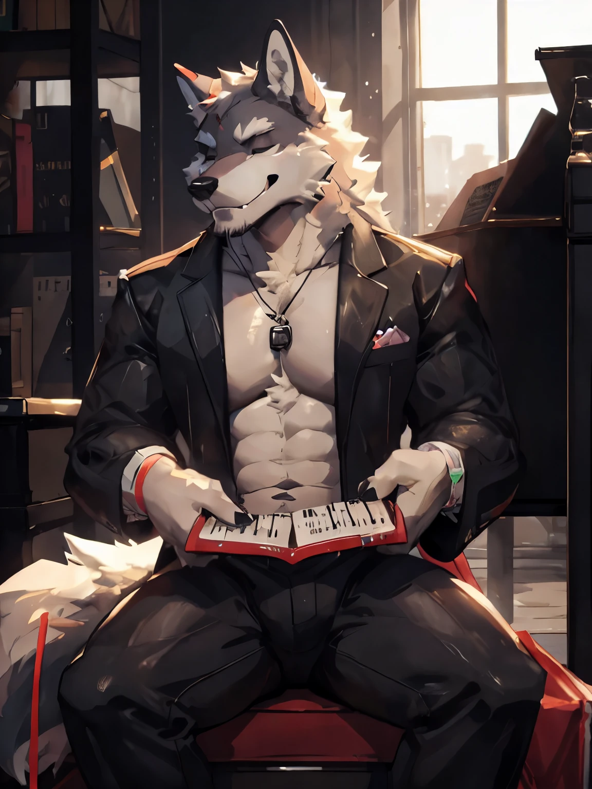 deobaed anatomy, Humanity,((Snow-white wolf| Snow white | Blue Eyes)),(eyes closed),depth of field,god rays,atmospheric perspective,Sitting,(play piano),middle age,male,(In the concert hall),Beast field,(Athletic),(Muscular plump),((Wearing a musician's suit)),(Super detailed),Sharp focus,light smile,de-tailed eyes,Wolf Tail ,best qua,lity,By Bei Bei Bei Bei, by zackary911