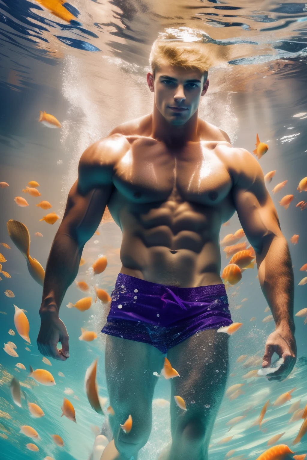 A fit handsome naked and muscular man, with short blonde hair, a diver with knife strapped to his thigh, swimming in a vibrant underwater setting, full body image, seen from below