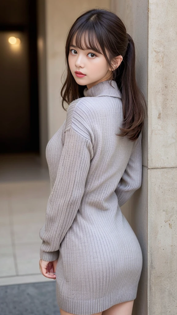 (masterpiece:1.5)、(Realistic:1.5)、(highest quality:1.4、8k、RAW Photos)、
Ultra-high resolution、Professional Lighting、Perfect dynamic composition、Shot indoors、
Film Grain、chromatic aberration、(Bokeh:1.1)、
Frank、Sophisticated、charm、Surreal、Attention to detail、Golden Ratio、
(1 girl)、Slender girl、繊細でcharm女の子、Cute Woman:1.4、
Serious expression、
Light brown hair、Shiny Hair、Hairstyle: Ponytail、
Realistic looking skin、
Shut your mouth.、Beautiful Eyes、double eyelid、Thin arms、、
(She is wearing a light grey open-front ribbed sweater dress.:1.3)、Shooting from the side、The hem is rolled up、Bare legs、Bare buttocks、lean against the wall