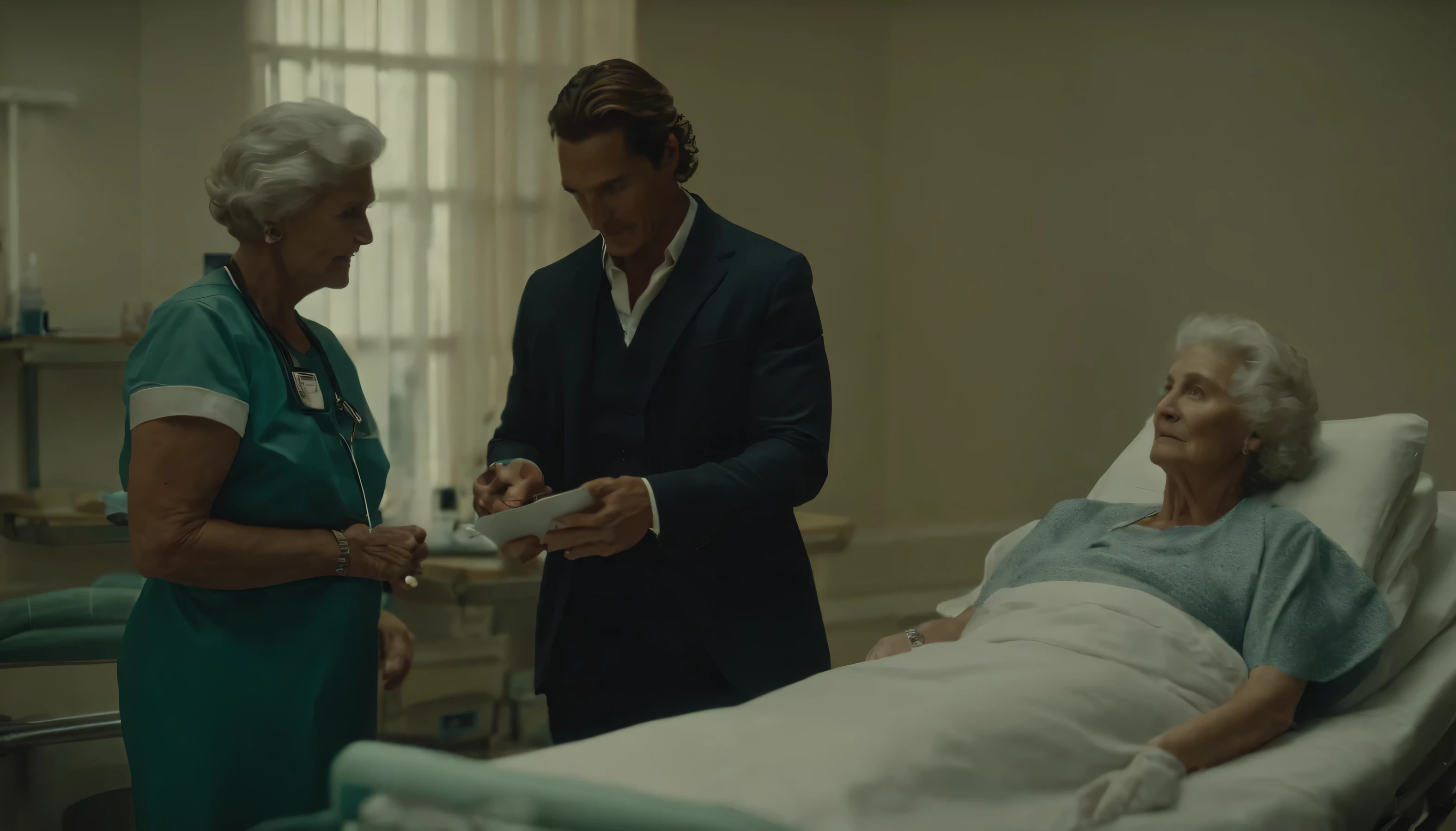 Matthew McConaughey with an old lady in the hospital, vintage shot