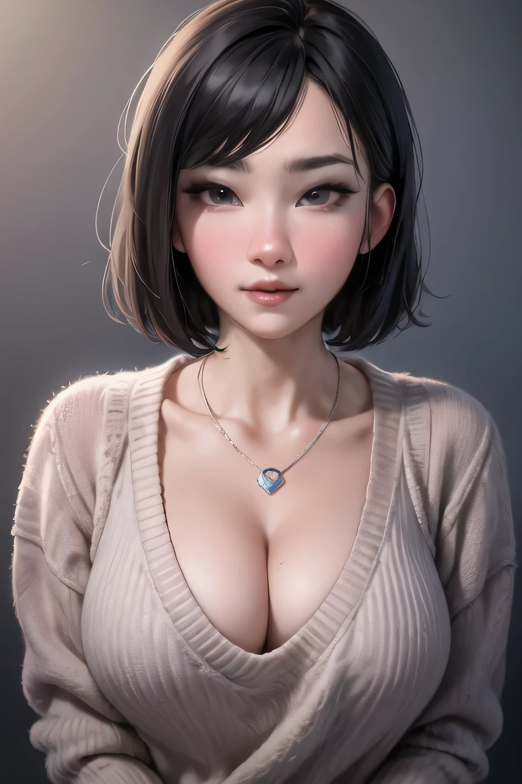 (Best quality, 8k, 32k, Masterpiece, UHD:1.2),Photo of Pretty Japanese woman, large breasts, very short bob hair,upper body,face focus,oversized_sweater, necklace, simple background, from above, looking at viewer,
