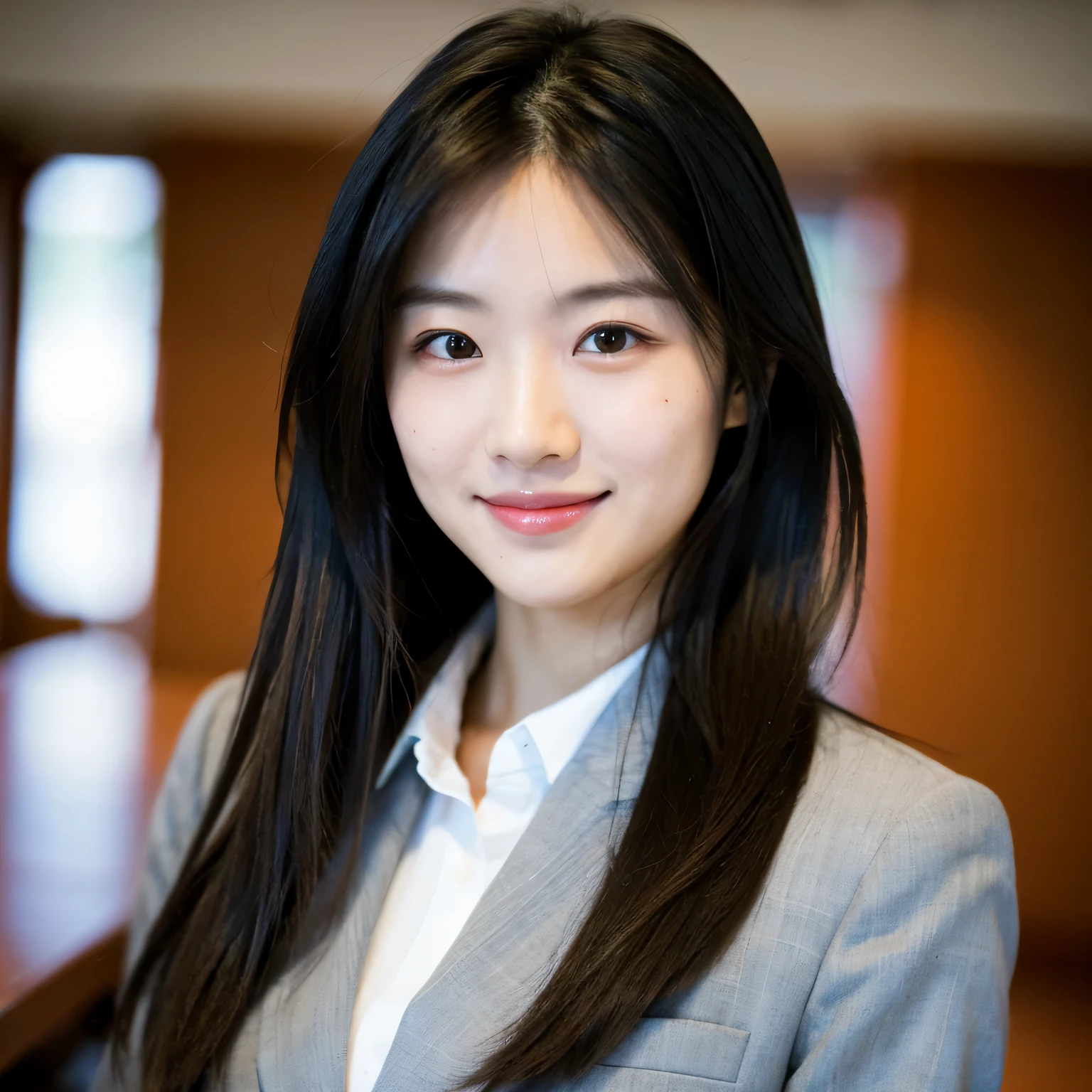 Beautiful Face, Beautiful Japanese Women,Detailed skin,career woman,highest quality, Wearing a suit,Beauty, No background,ID photo style,long black hair,Around 23 years old,smile,Photographed indoors,Upper body is shown