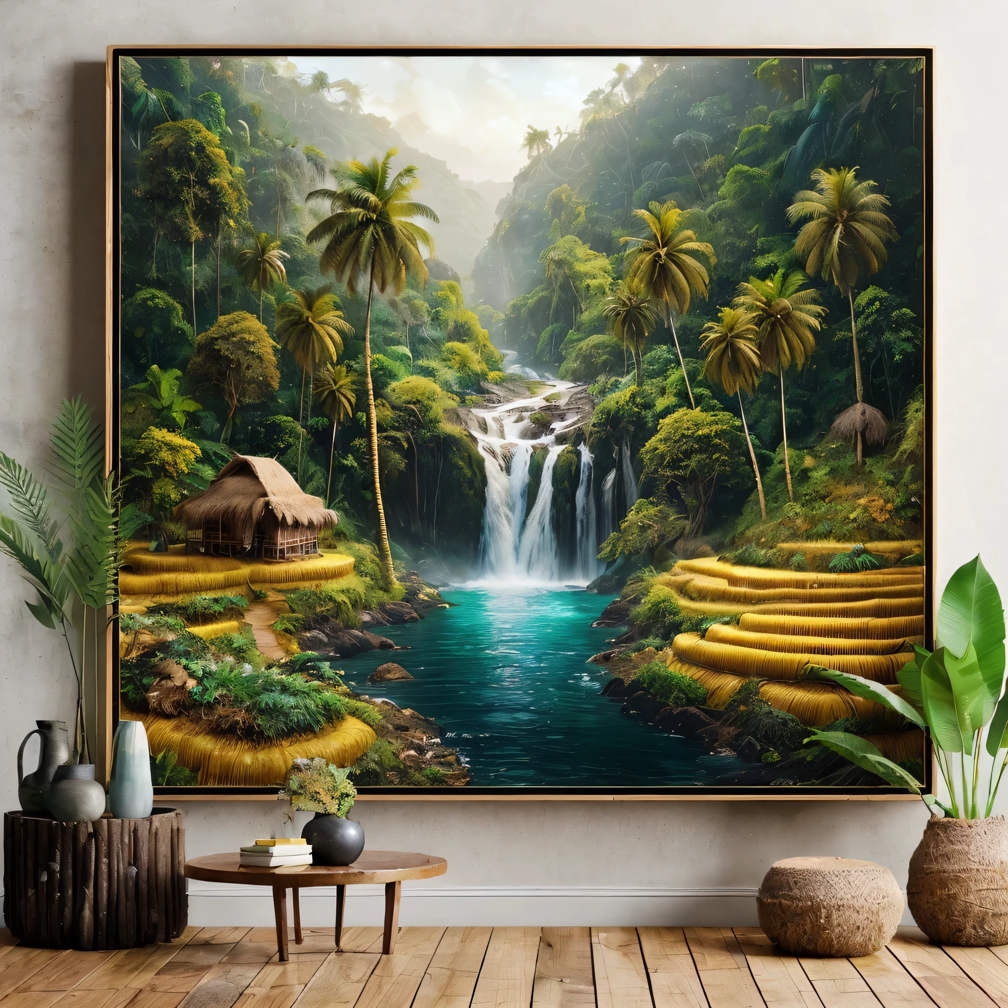 Create beautiful and enchanting hyperrealistic landscape images, coconut trees on the river bank, banana trees with partially dry leaves, fern trees. small waterfall flowing with clear blue water, surrounded by rocks and plants, dark forest, old huts in the middle of green and yellow rice fields, similar hills in the background