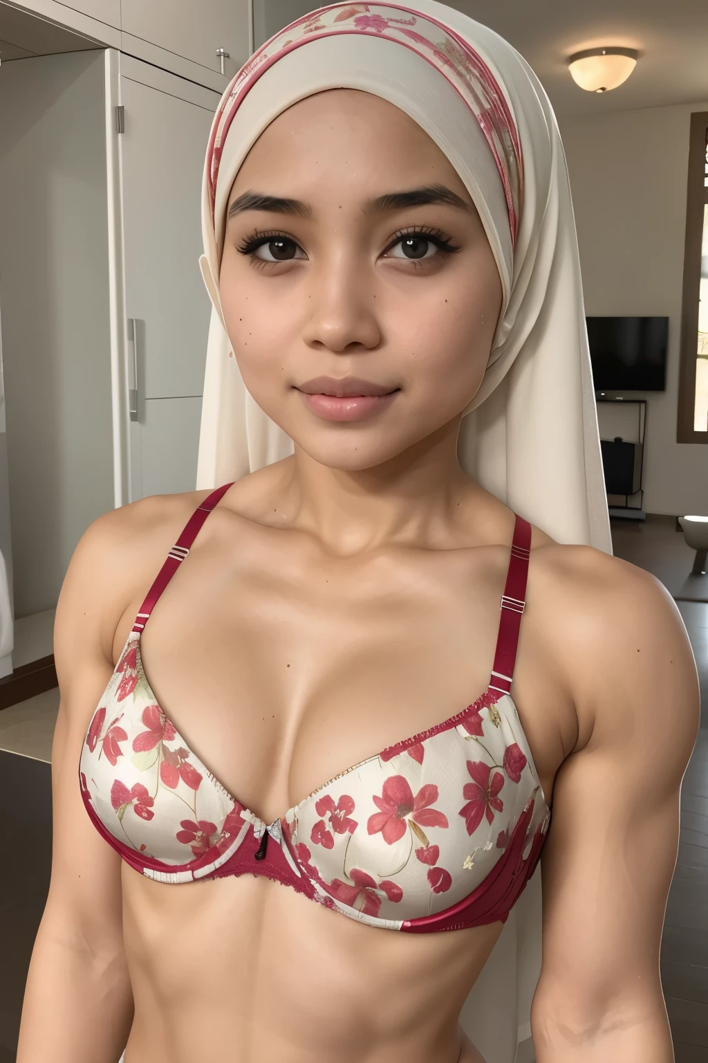 see-through T-shirt, Bodybuilder Naked, (((HIJAB MALAY GIRL))), masutepiece, High quality, UHD 32K, Realistic face, Realistic skin feeling , A Japanese Lady, 8 , , Very cute and baby-like face, (((FLAT CHEST))), (MATRIX WORLD), ((look In front  at the camera and SADNESS)), ((())), (((CUTE GIRL))), ((RED LIPS)), ((wering lingerie Bra Floral Pattern)) little Bodybuilder 