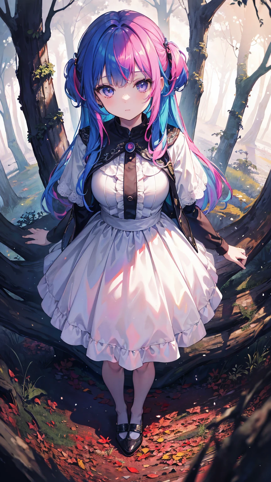 (masterpiece, best quality), (colorful:1.4), from above, solo, 1girl standing in a haunted forest with twisted trees and eerie whispers echoing through the air, depth of field, fisheye lens
