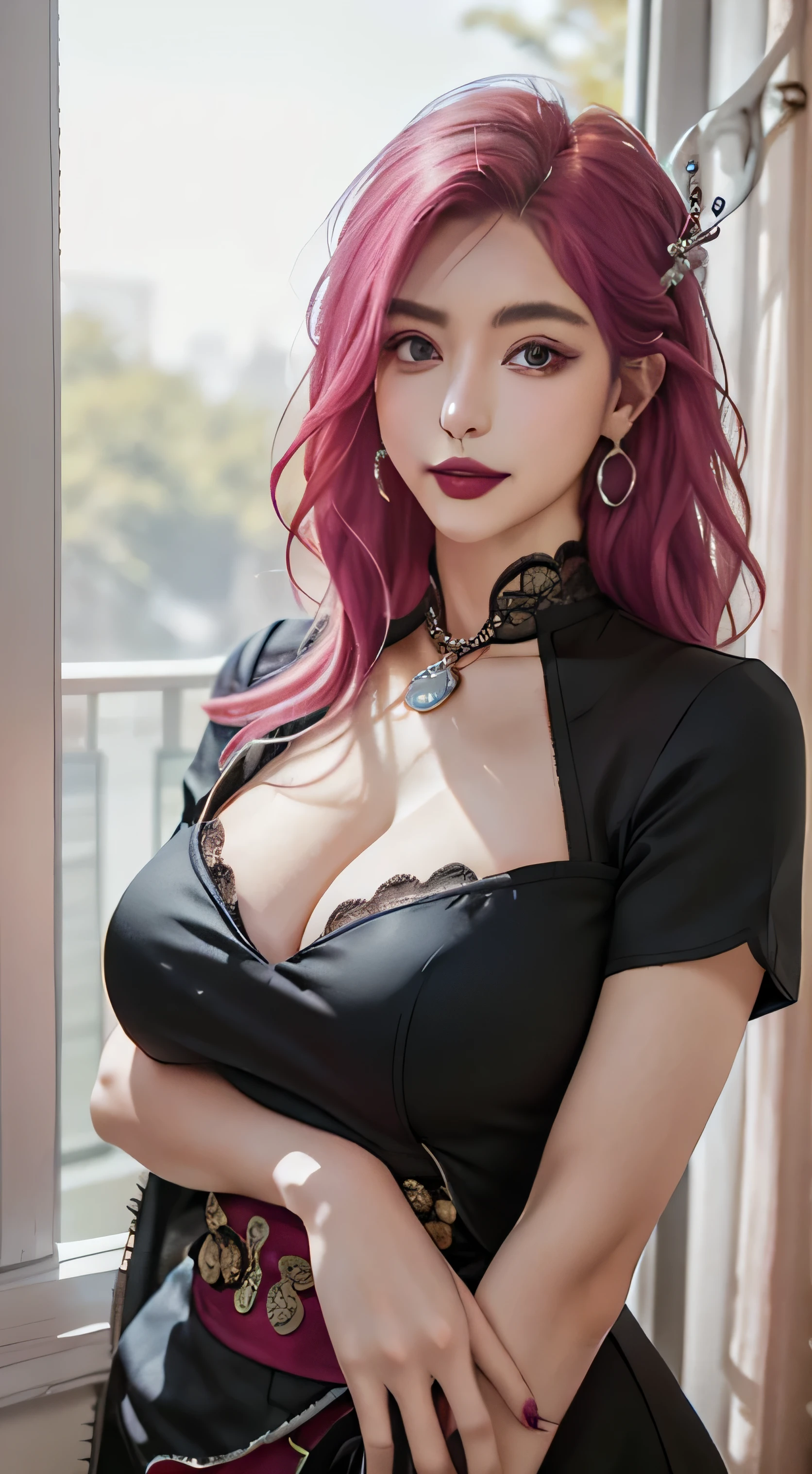 1 young queen，（（（Wearing a black lace top））），black clothes，a chinese dress，Ancient costumes often had phoenix patterns，Her pink and white face is spotlessly clean，Hip-length pink hair，Very beautiful sharp purple eyes，Little red lips，Paint lips，charming smile，He wears jewelry around his neck，ear nipple ring，Teeth are white and even， high nose，big round breasts，super huge ，Girl&#39;s chest is full of water，delicate legs，Thin mesh black socks，sportswear，most realistic，highest quality，best pixels，8k ultra，