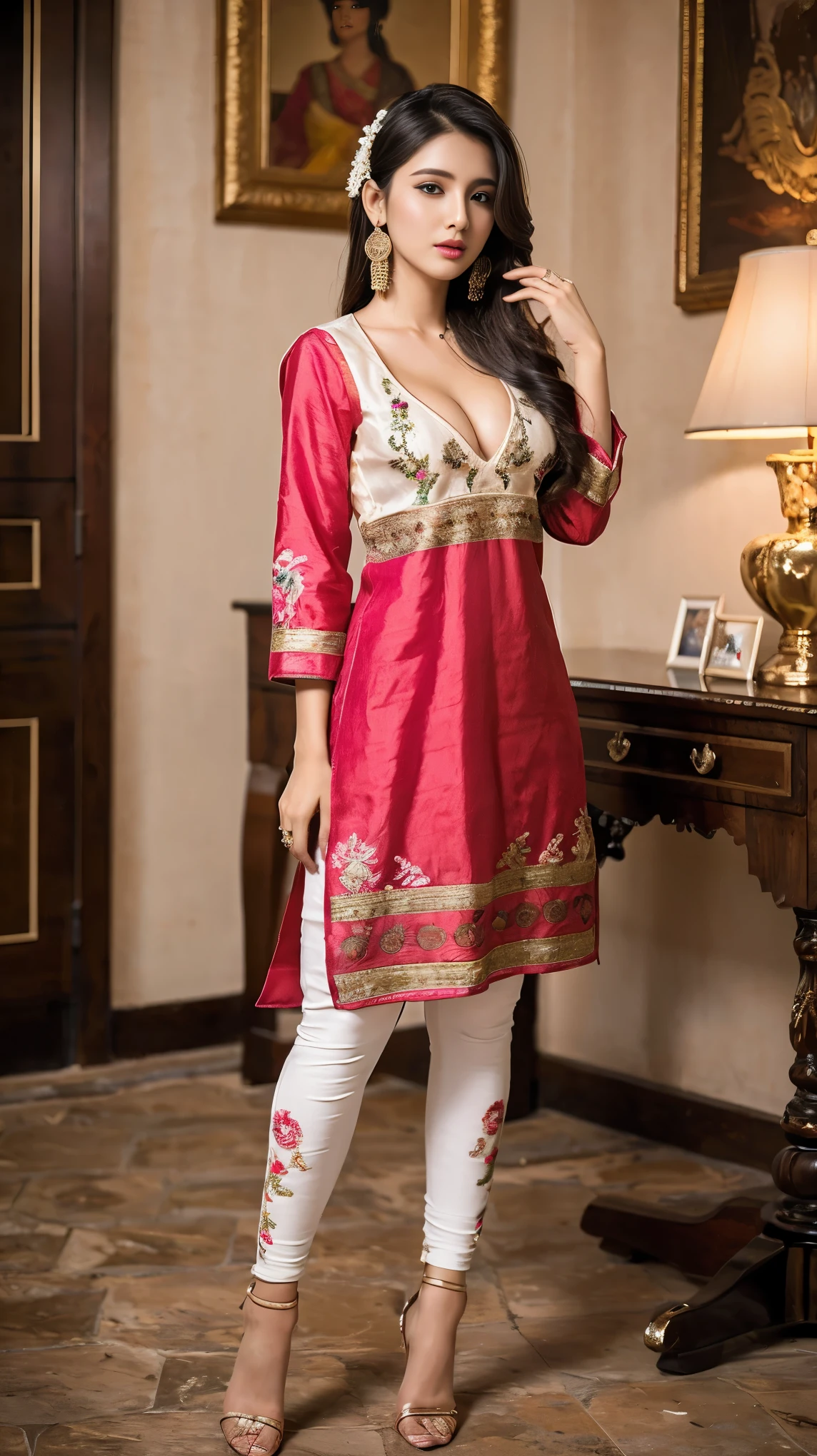 (girl in luxury office room, better lighting), (beautiful girl in Indian outfits), 1girl, solo girl, 20 year old girl,  ((full body shot:1.5)), (Masterpiece:1.2), (hyperrealistic, hyperdetailed), (looking at viewers), sharpen, ultra realistic face, detailed face, detailed eyes, detailed lips, red lips, beautiful face, 16k, FHD, raw photo, pretty face mesh, intricate, extremely detailed, ultra realistic texture, smooth skin, realistic face, glow lip, very_high_resolution, perfect figure, fit body, beautiful hair style, fancy hair ornaments, (attractive sagging , perky , perfect rounded , long , cleavage), (attractive body figure), (fancy high heel), ((embroidery fancy kurta), (embroidery kurta), embroidery luxury kurta, bodycon kurta, fancy kurta, skinny sleeves, fancy leggings).