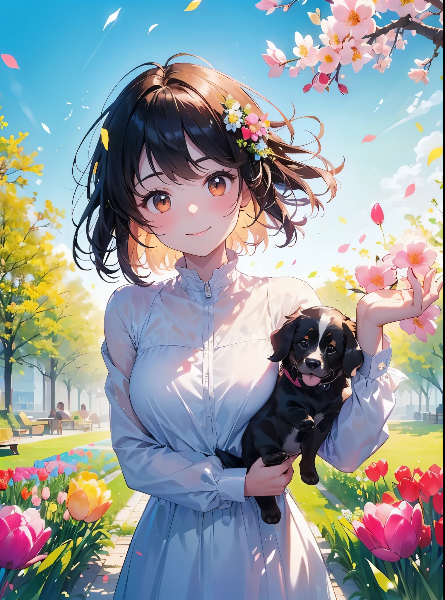 (masterpiece、highest quality、highest quality、Beautiful and beautiful:1.2)、(Good anatomy:1.5)、1A girl with straight medium hair、Casual Costumes、colorful、Shy smile、Close your mouth、Holding a brown puppy、Dutch Decoy Spaniel、looking at the camera、Flowers and leaves、Tulips、sky blue、spring breeze