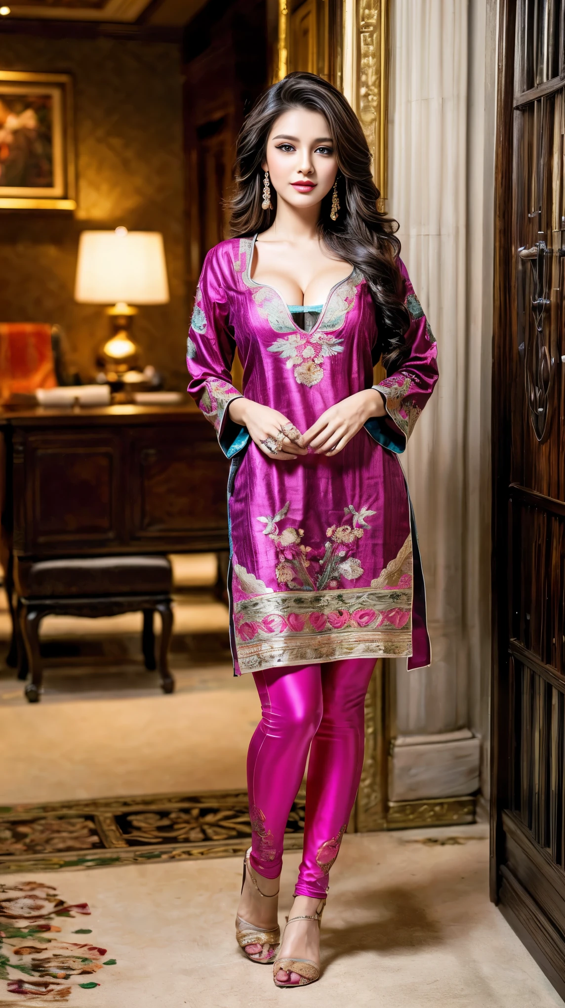 (girl in luxury office room, better lighting), (beautiful girl in Indian outfits), 1girl, solo girl, 20 year old girl, ((full body shot:1.5)), (Masterpiece:1.2), (hyperrealistic, hyperdetailed), (looking at viewers), sharpen, ultra realistic face, detailed face, detailed eyes, detailed lips, red lips, beautiful face, 16k, FHD, raw photo, pretty face mesh, intricate, extremely detailed, ultra realistic texture, smooth skin, realistic face, glow lip, very_high_resolution, perfect figure, fit body, beautiful hair style, fancy hair ornaments, (huge sagging breast, perky breasts, perfect rounded breasts, long areola, cleavage), (attractive body figure), (fancy high heel), ((embroidery fancy kurta), (embroidery kurta), embroidery luxury kurta, bodycon kurta, fancy kurta, skinny sleeves, fancy leggings).