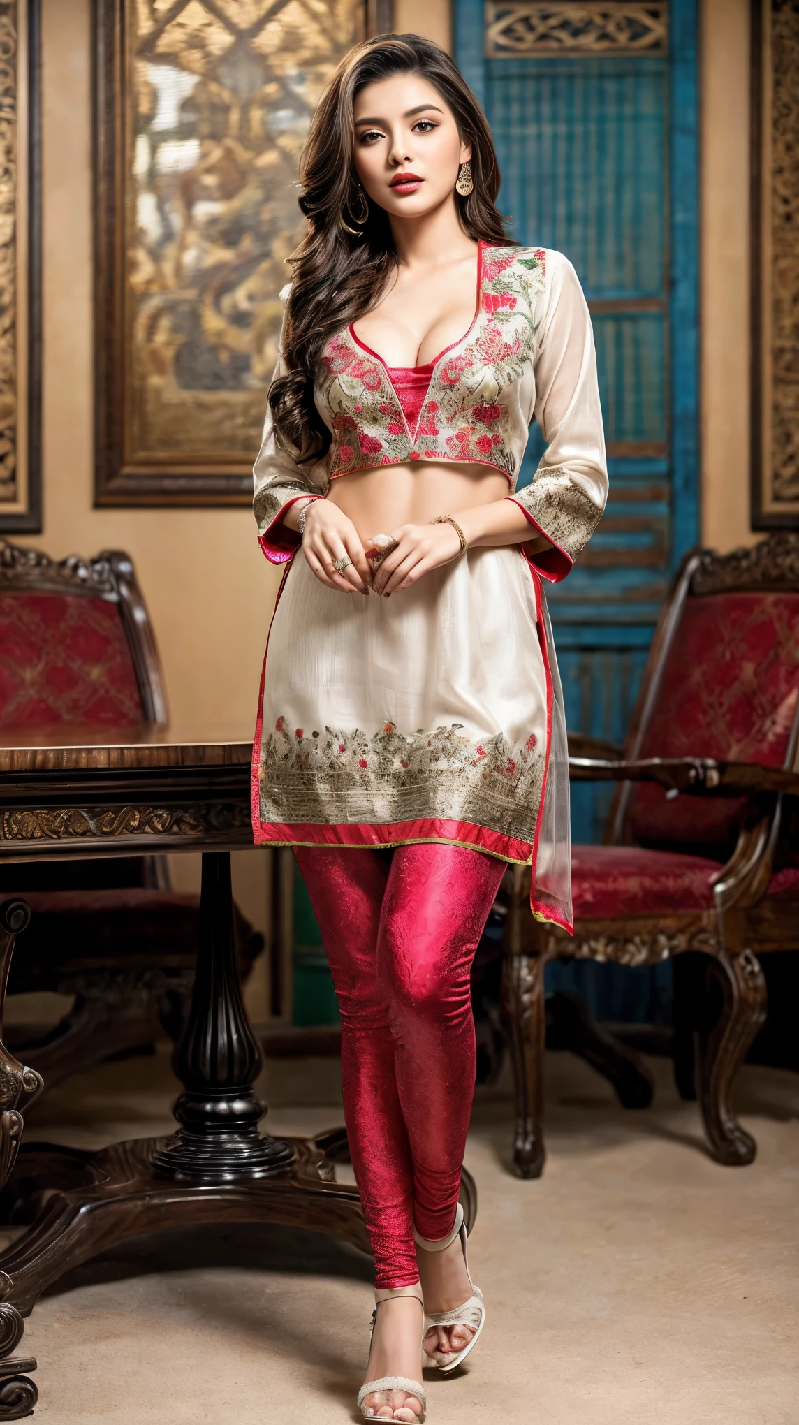 (girl in luxury office room, better lighting), (beautiful girl in Indian outfits), 1girl, solo girl, 20 year old girl, ((full body shot:1.5)), (Masterpiece:1.5), (hyperrealistic, hyperdetailed), (looking at viewers), sharpen, ultra realistic face, detailed face, detailed eyes, detailed lips, red lips, beautiful face, 16k, FHD, raw photo, pretty face mesh, intricate, extremely detailed, ultra realistic texture, smooth skin, realistic face, glow lip, very_high_resolution, perfect figure, fit body, beautiful hair style, fancy hair ornaments, (huge sagging breast, perky breasts, perfect rounded breasts, long areola, cleavage), (attractive body figure), (fancy high heel), ((embroidery fancy kurta), (embroidery kurta), embroidery luxury kurta, bodycon kurta, fancy kurta, skinny sleeves, fancy leggings).