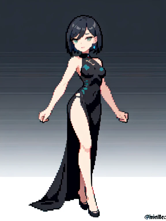 (masterpiece, top quality, best quality), pixel,pixel art,1girl,short hair,laying on the bed,black dress,full body, 
 