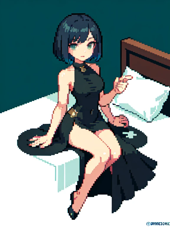(masterpiece, top quality, best quality), pixel,pixel art,1girl,short hair,laying on the bed,black dress,full body, 
 