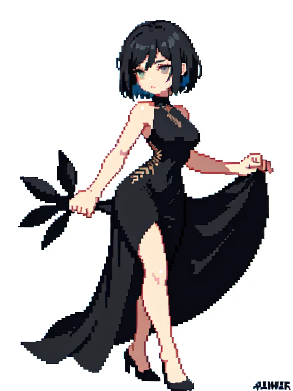 (masterpiece, top quality, best quality), pixel,pixel art,1girl,short hair,laying on the bed,black dress,full body, 
 