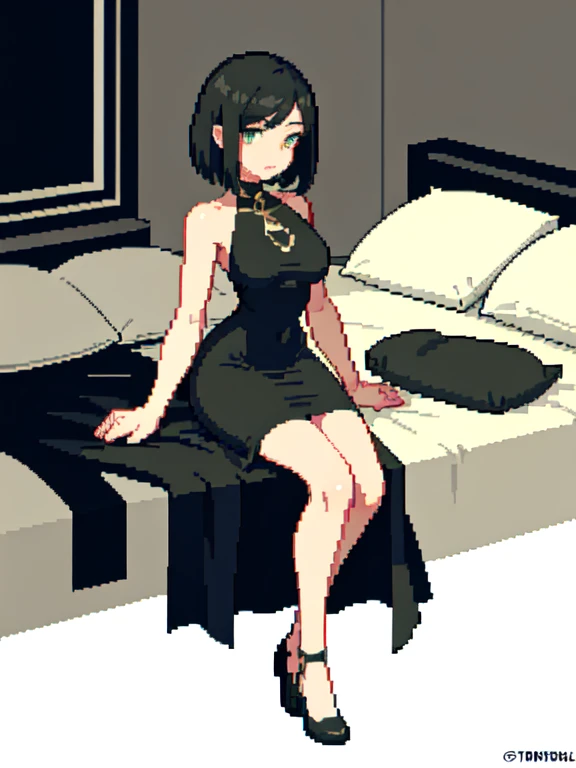 (masterpiece, top quality, best quality), pixel,pixel art,1girl,short hair,laying on the bed,black dress,full body, 
 