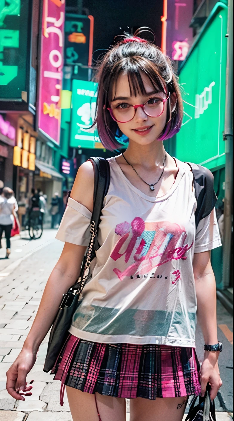A colorful Bob cut haired punk canadian girl, smooth white skin, innocent look, 15 years old, wearing red glasses, Ultra high res, uhd, (photorealistic:1.4), cyberpunk outfit, ripped shirt, wink, smiling ear to ear, neon lighting, v-neck blouse, wearing skirt, cute pink backpack, colorful loose socks, full body shot, head to toe, fish eye lens, vogue pose, modelling,