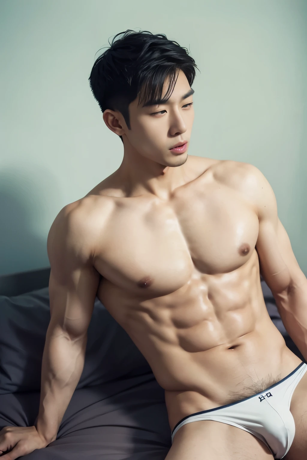 Asian man in a briefs, handsome man, handsome guy, handsome asian man, Full Body Shoot, side view, side, male underwear, briefs, portrait, detailed facial parts, Manly, Charmer, Active Boy, sleeping, sleeping on bed, lie down, legs opened, harness, furious expression, pain facial expression, mouth opened, perfect anatomy, symmetric body, asian boy 25-year-old, shirtless :: high detail, asian, a little six packs attractive body, realistic, human skin, handsome chad chin, shirtless, handsome, lean muscle, attractive, slim, masculine, sexually attractive, human skin, (eyes contact), Handsome, Attractive, bulge in briefs, The crotch is raised, bright tone, pastel background, realistic