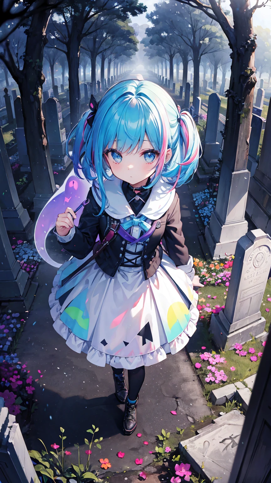 (masterpiece, best quality), (colorful:1.4), from above, solo, 1girl standing in a foggy graveyard with tombstones leaning at odd angles and a bag of ghost-hunting equipment, depth of field, fisheye lens