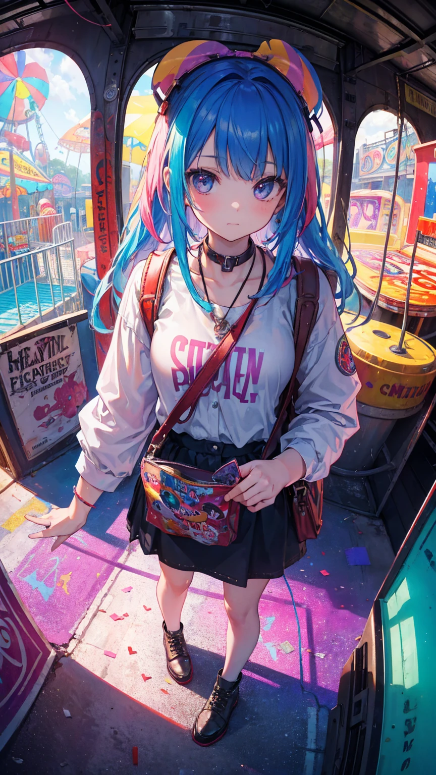 (masterpiece, best quality), (colorful:1.4), from above, solo, 1girl standing in a creepy abandoned carnival with broken rides and a bag of mysterious carnival tickets, depth of field, fisheye lens
