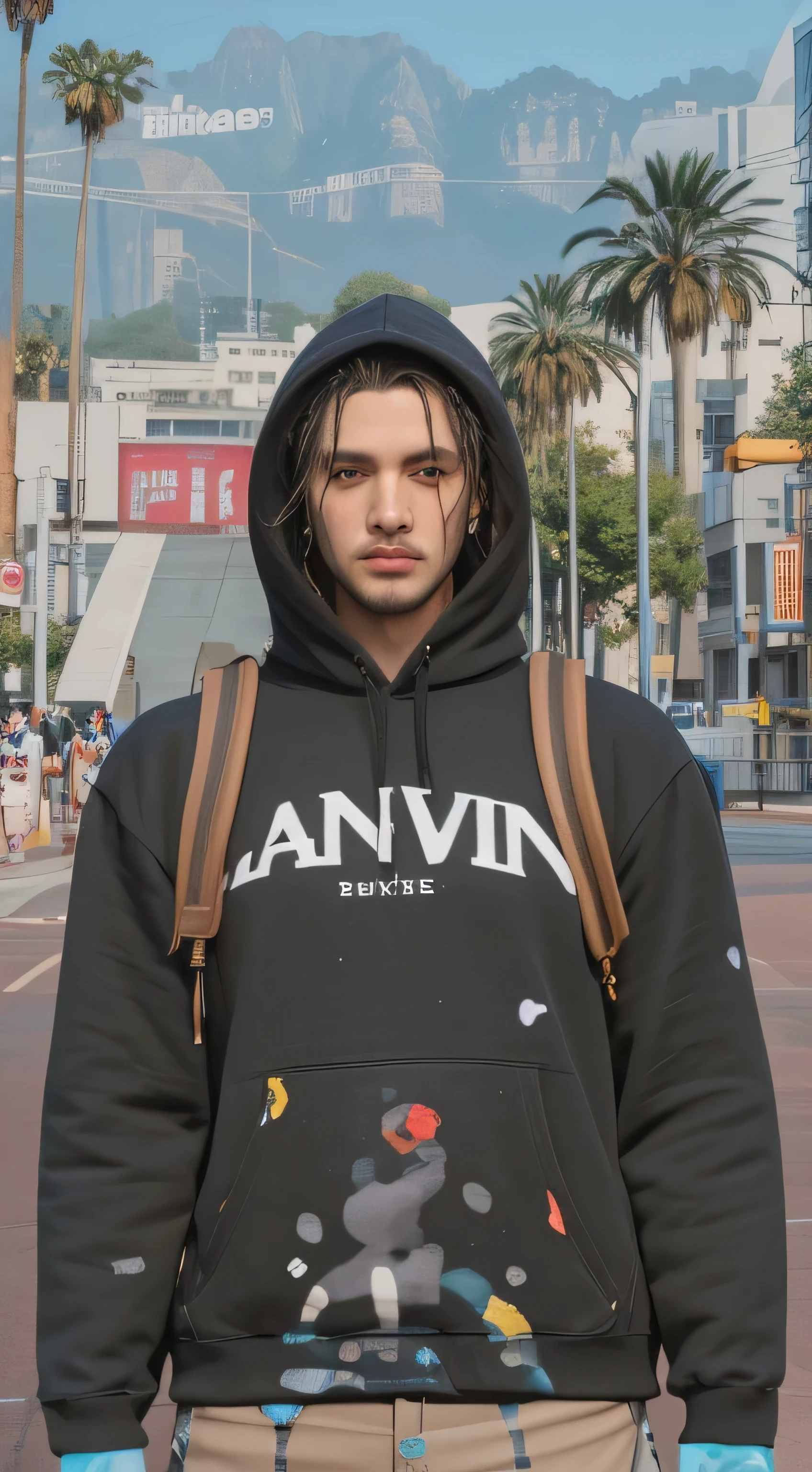 arafed man in a hoodie with a backpack and a backpack, cyberpunk street goon, in a hoodie, in a hood, as a character from gtav, wearing a hoody, inspired by Jean Malouel, gta character, 2 k aesthetic, gta v street style, detailed unblurred face, realistic clothing, upper body avatar, in a black hoodie, ultra high res.photo realistic: 1.4, UDH, dreadlocks, short white tips on the forehead, blue eyes are very beautiful, Latin face with a thin mustache, masculine face, white-tipped dreadlocks, plain black jacket, black and white dreadlocks, fix eye
