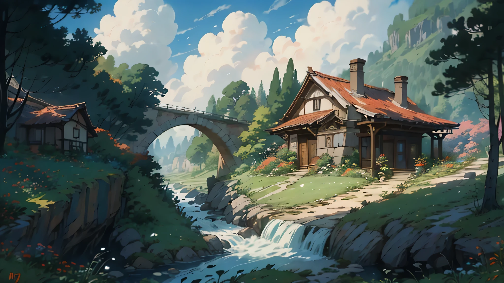 Animation scene of a train crossing a bridge over a river, Ghibli art style, Ghibli art style, Wonderful Miyazaki, Miyazaki, Miyazaki Style, Detailed Landscape — Width 672, Ghibli Studio Anime Style, Greg Rutkowski Studio Ghibli, ghibli studio art, studio Ghibli art style, Ghibli Studio Style
