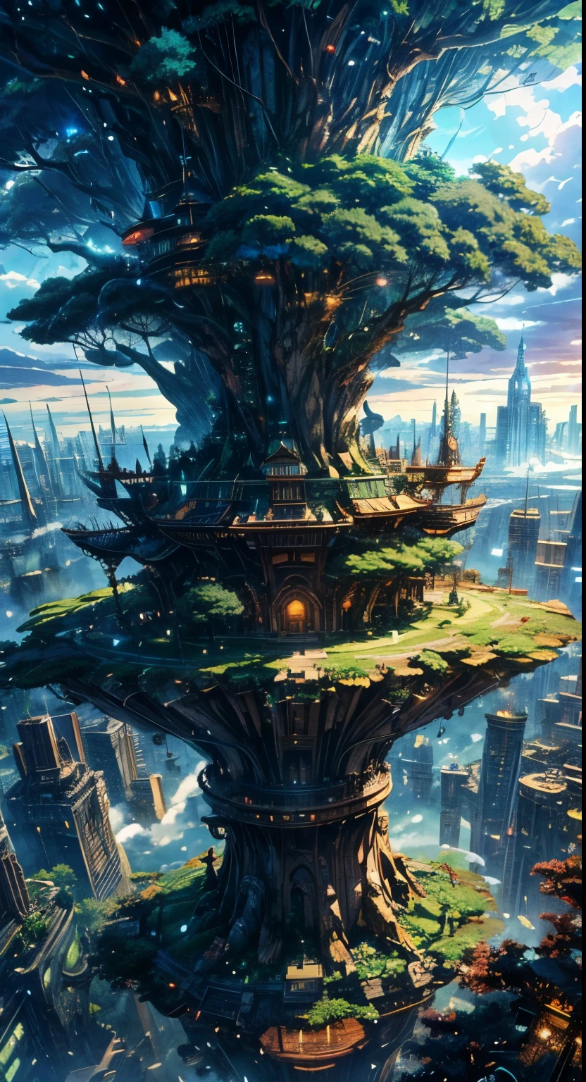 Imagine a sprawling city built on top of giant, ancient trees that pierce the clouds.  Anime characters with flowing clothes and steampunk-inspired gadgets could be soaring between the trees on fantastical flying creatures.