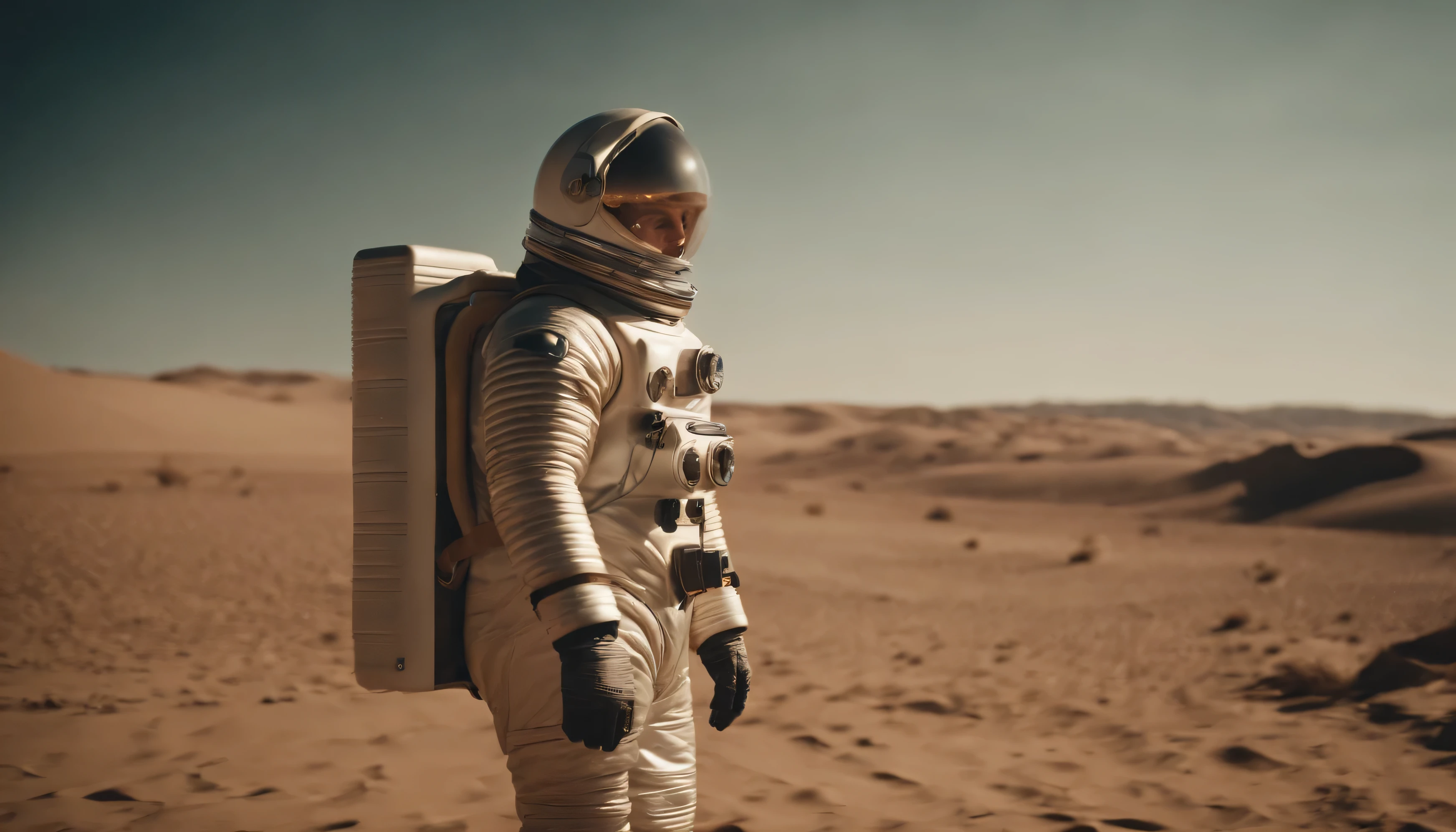 A man in a space suit on the different planet where the only thing is water with his spaceship, vintage shot, panavision