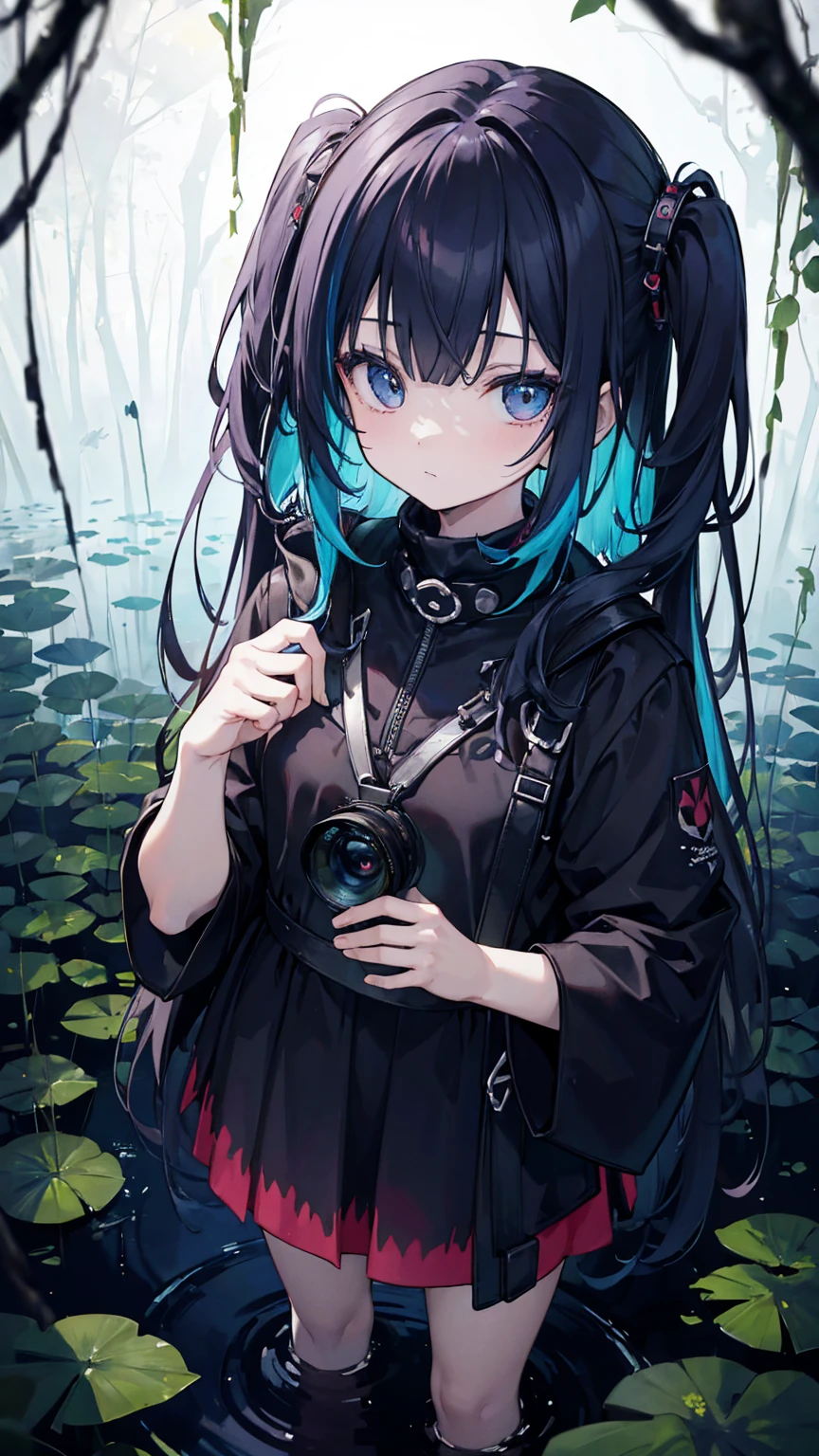 (masterpiece, best quality), (colorful:1.4), from above, solo, 1girl standing in a dark and ominous swamp with eerie sounds emanating from the murky waters and a bag of protective charms, depth of field, fisheye lens