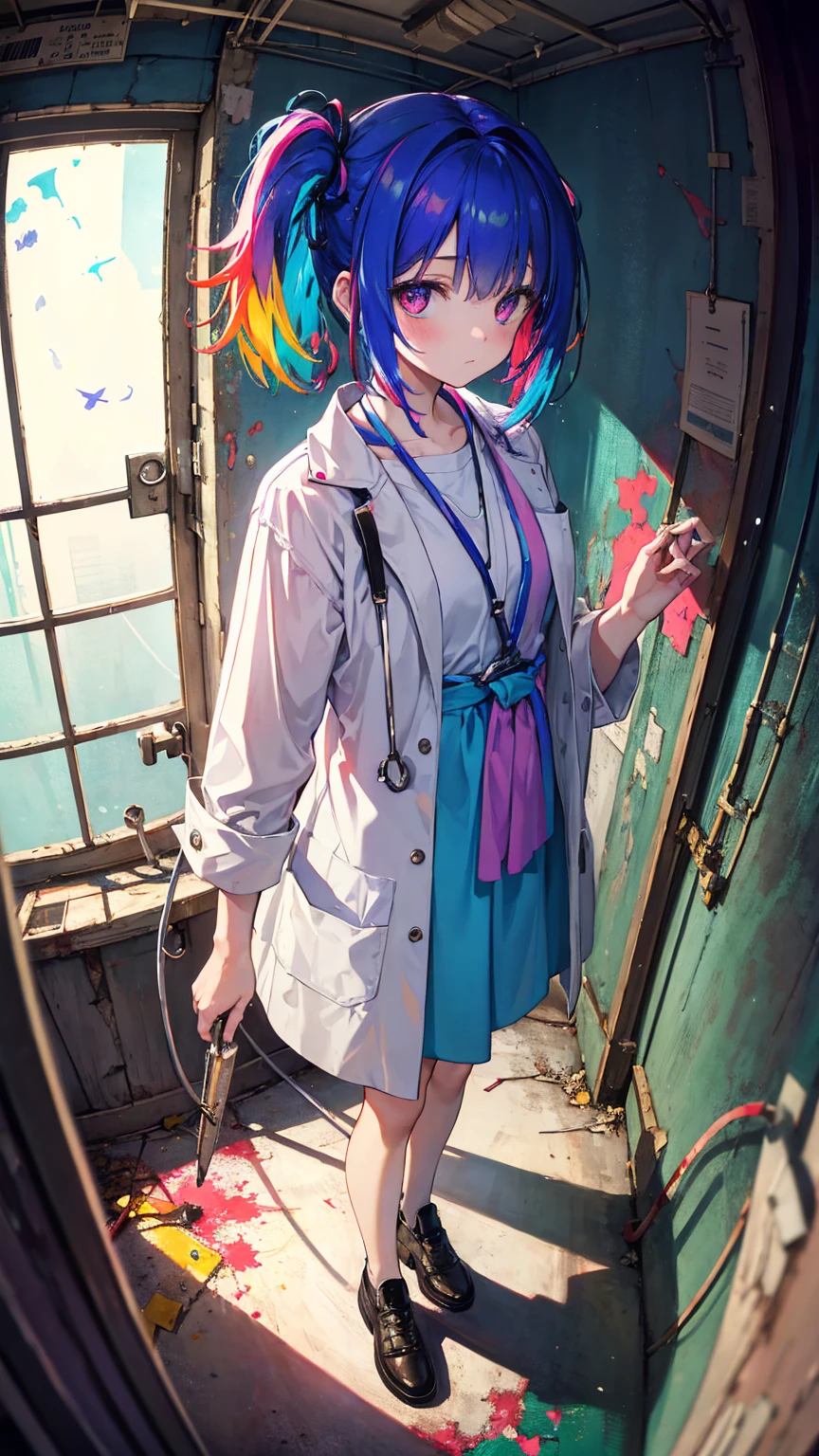 (masterpiece, best quality), (colorful:1.4), from above, solo, 1girl standing in a haunted psychiatric hospital with peeling paint and flickering lights and a bag of old medical tools, depth of field, fisheye lens
