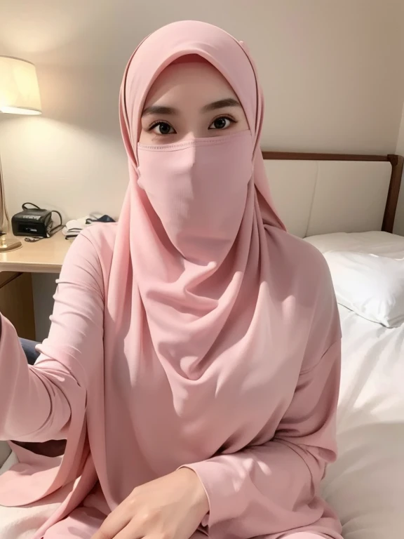 ((Realistic lighting, Best quality, 8K, Masterpiece: 1.3)), covered face: 1.1, Clear focus: 1.2, 1 malay girl, fullbody:1.5, Perfect body beauty: 1.4, Slim abs: 1.1, ((light pink hijab)), (indoor, day: 1.1), bedroom, Super fine face, fine eyes, double eyelids, lying on the bed.