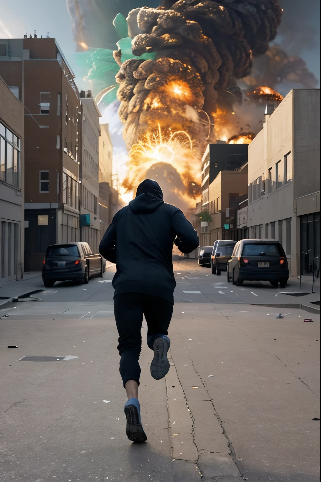 Man in hoodie running towards a explosion the street of a city, photo from behind, from a distance