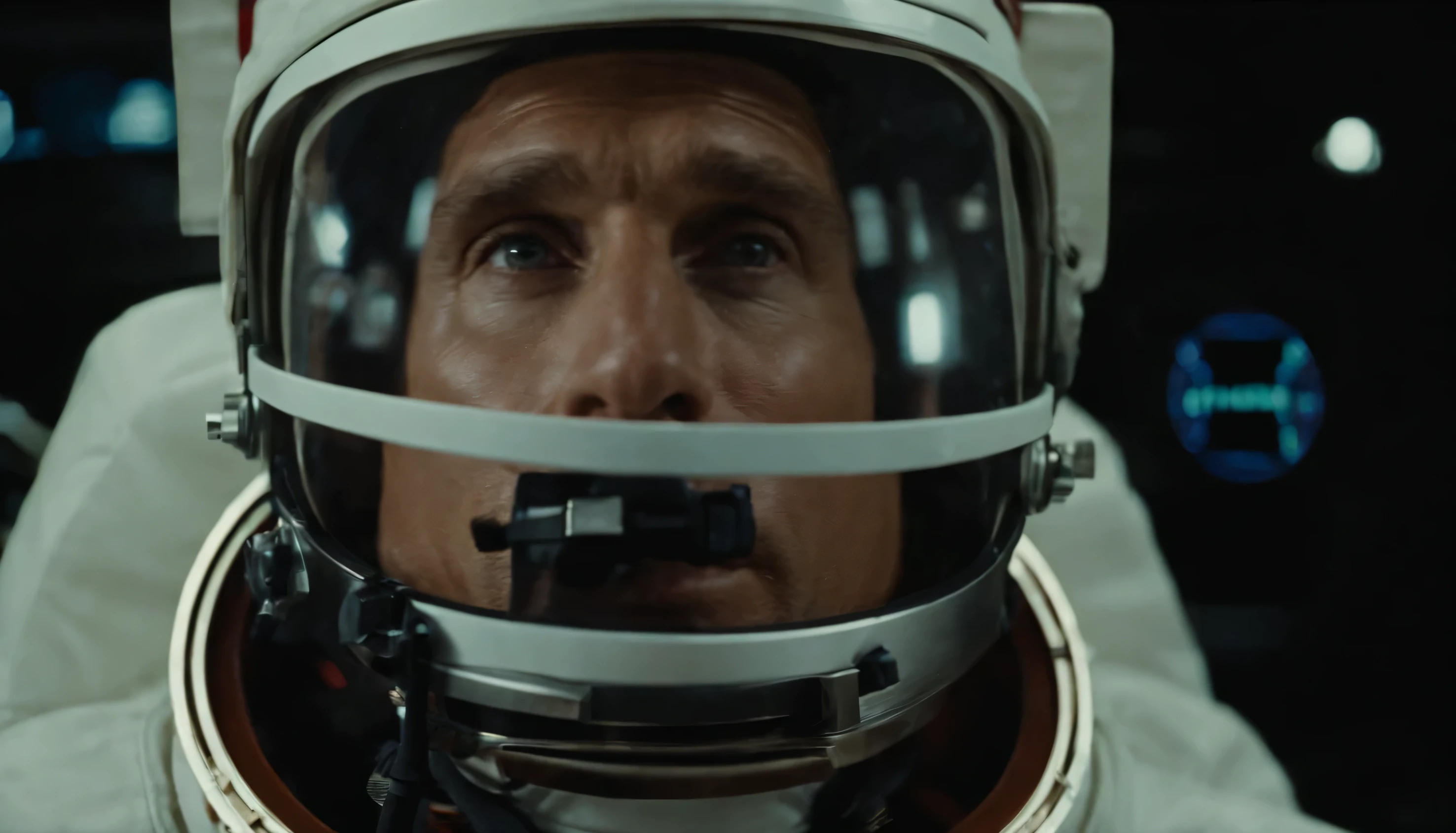 A closeup of a Matthew McConaughey's face in an astronaut suit inside the Nasa Lab, Vintage shot , Panavision, 1970s