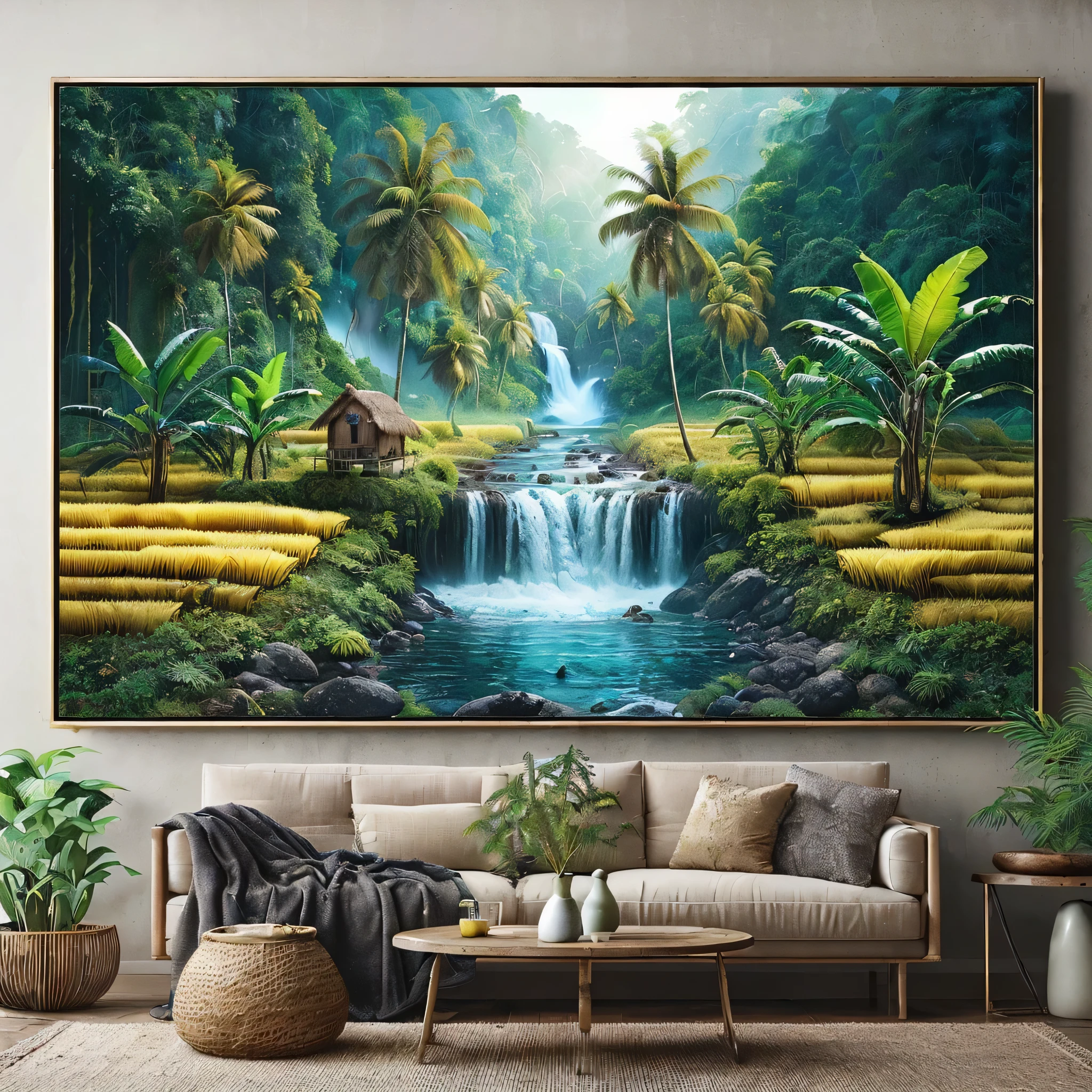 Create beautiful and enchanting hyperrealistic landscape images, coconut trees on the river bank, banana trees with partially dry leaves, fern trees. small waterfall flowing with clear blue water, surrounded by rocks and plants, dark forest, old huts in the middle of green and yellow rice fields, similar hills in the background