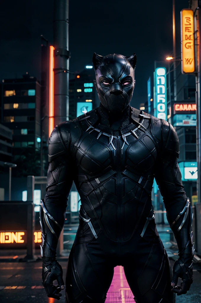 Generate a picture of black panther in a neon-themed cyberpunk style in a futuristic wakanda with all details