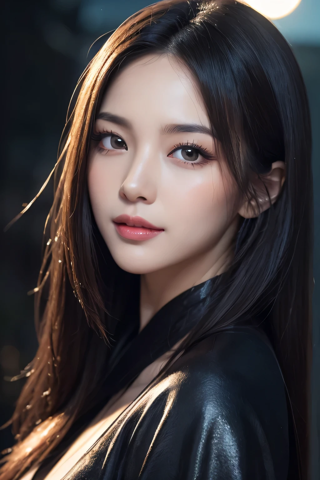 Beautiful woman in kimono,body portrait、8k,fine and beautiful eyes,Dindal effect、masterpiece, 最high quality, high quality, High resolution、very detailed photos、(natural skin texture、fine skin、hyper realism、Super sharpness)、high detail skin、(very detailed、fine skin texture、intricate details、beautiful face、(lifelike face)、realistic eyes、beautiful and detailed eyes、real looking skin、beautiful skin、surreal、very detailed、golden ratio、with smiling eyes、((night moonlight background))、body portrait、shiny bodysuit、Take a picture of the whole body