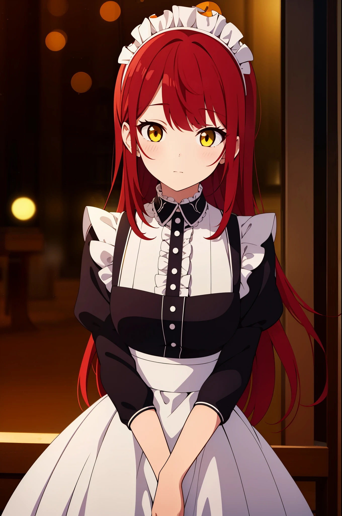ultra-detailed, vibrant colors, soft natural lighting, fine art, bokeh effect. 3/4 body, frilled maid outfit, red hair, long hair, side tail, yellow eyes