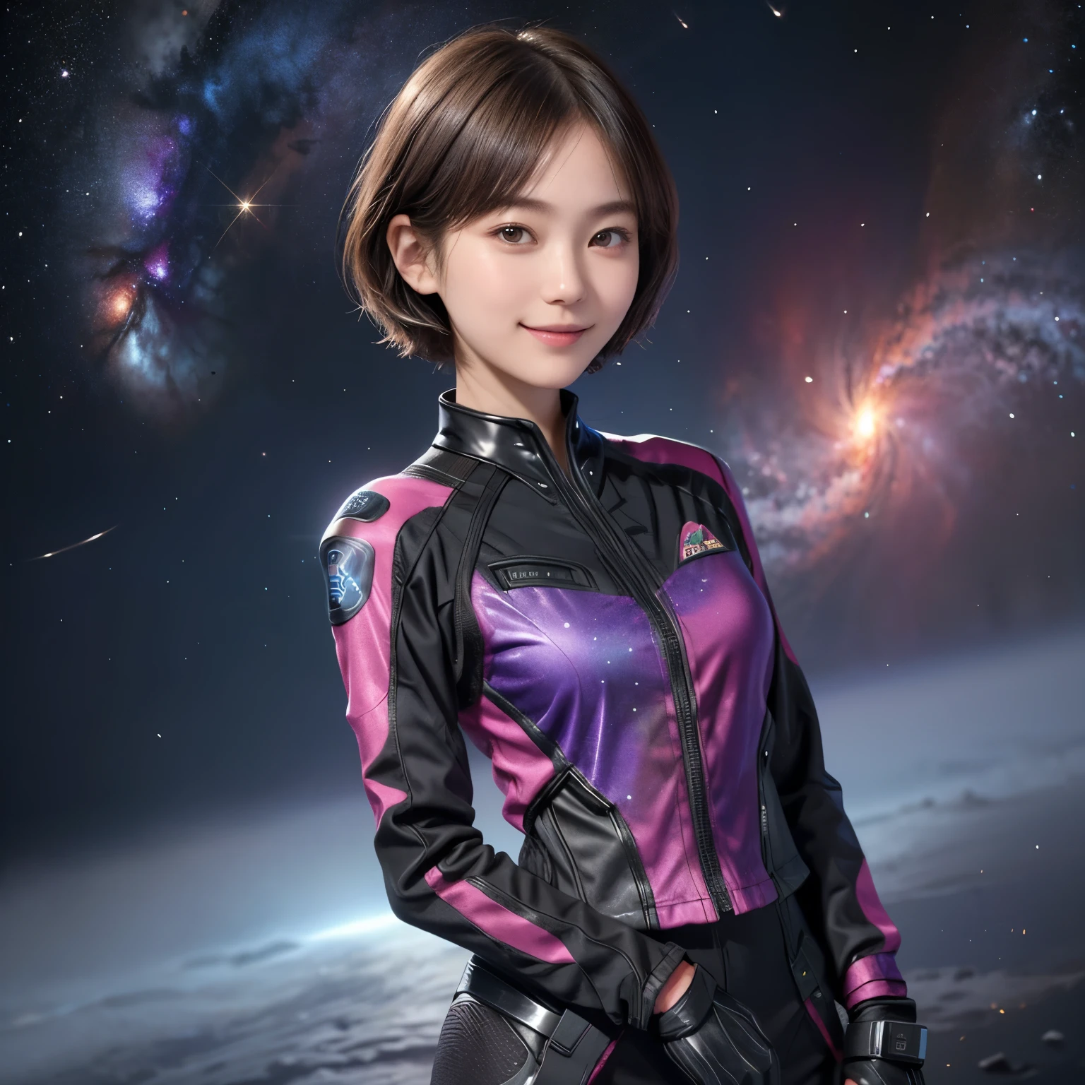 212 Short Hair, 20-year-old woman, A kind smile, Floral, 未来的なClothes装, machinery suit, (The background is a galaxy and nebula), ((Separate top and bottom々Clothes))