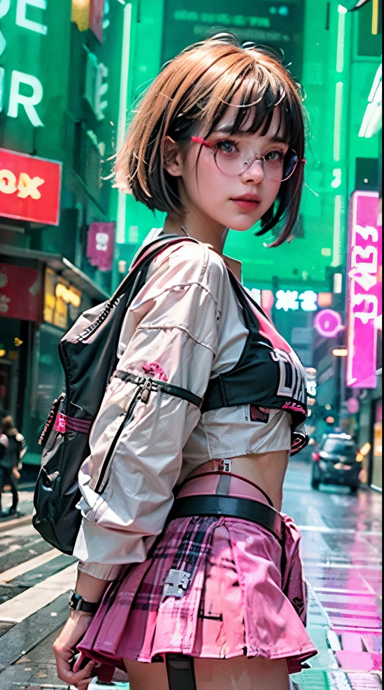 A colorful Bob cut haired punk canadian girl, smooth white skin, innocent look, , wearing red glasses, Ultra high res, uhd, (photorealistic:1.4), cyberpunk outfit, ripped shirt, wink, smiling ear to ear, neon lighting, v-neck blouse, wearing skirt, cute pink backpack, colorful loose socks, full body shot, head to toe, fish eye lens, vogue pose, modelling,