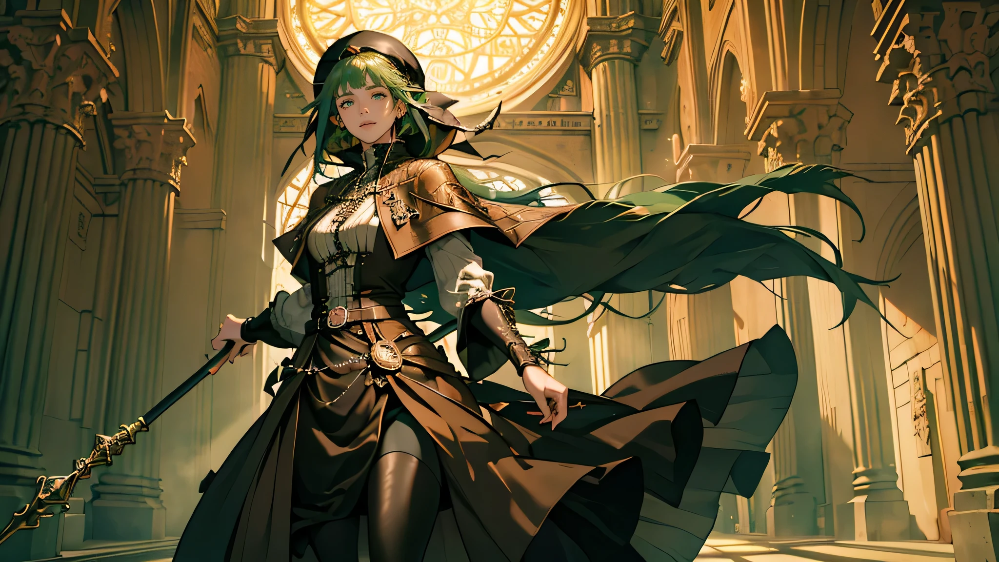 masterpiece, ultra detailed, 8K Portrait, Raw photo, a portrait photo of, Highly detailed face, beautiful and meticulous eyes, ((Fantasy)), Young beautiful, 22 years old, smile, dynamic pose, (((Long Straight deep green hair))), ((One side is woven with orange ribbon)), blunt bangs, beret, White skin color, Luxury, hooded (((dark brown))) (((silk long cloak))) fluttering in the wind, (((dressed shirt))), (((maxi skirt))), (((dark thigh high tights))), high cut leather boots, (((lift up long magical staff))), ((equip a pocket watch)), Body model, Small breasts, Beautiful breasts, Long legs, morning Sun, Hyper realistic, in a castle, Ambient lighting, Shadow details, strong breeze, Light fog