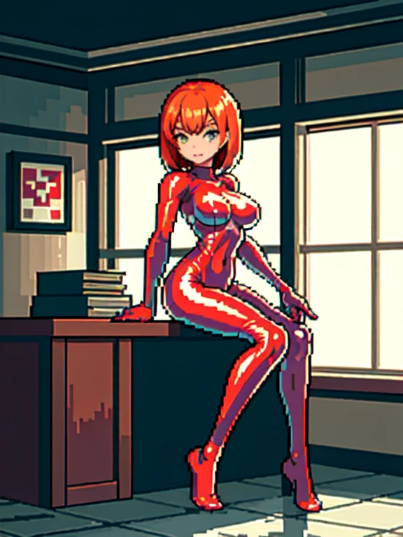 (masterpiece, top quality, best quality), pixel,pixel art,1girl,medium breast,red latex suit,sit on chair,full body, 
 