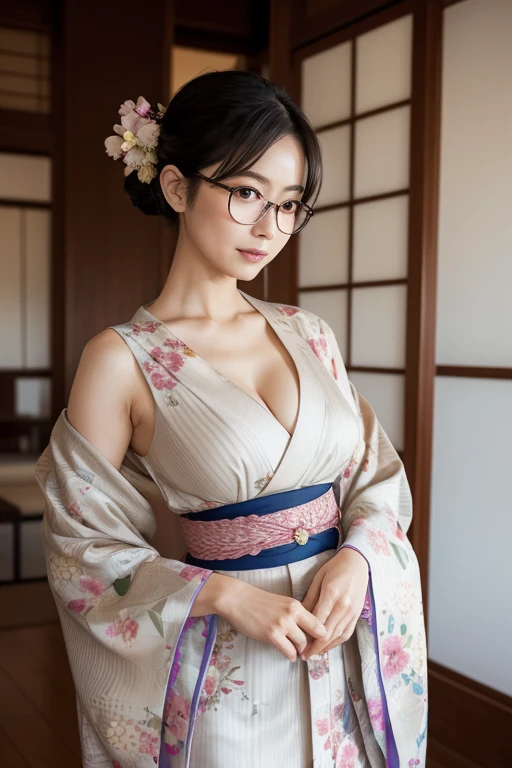 Best-quality, Masterpiece, Ultra-High-Resolution, (Photorealistic:1.4), Raw-Photo, Extremely-Details, Perfect-Anatomy, 1girl, the most popular Japanese model, wearing Japanese KIMONO and glasses with cute design, sitting SEIZA in traditional Japanese,room, leaning forward, extremely beautiful face like a most famous Japanese model, amazingly beautiful big black solid circle eyes, very beautiful realistic skins, very beautiful black-short-cut-haired, very beautiful big breasts, very beautiful cleavage, detailed Japanese KIMONO, detailed glasses with cute design, detailed beautiful face, detailed eyes, detailed realistic skins, detailed black-short-cut-haired, detailed big breasts, detailed cleavage, detailed traditional Japanese room