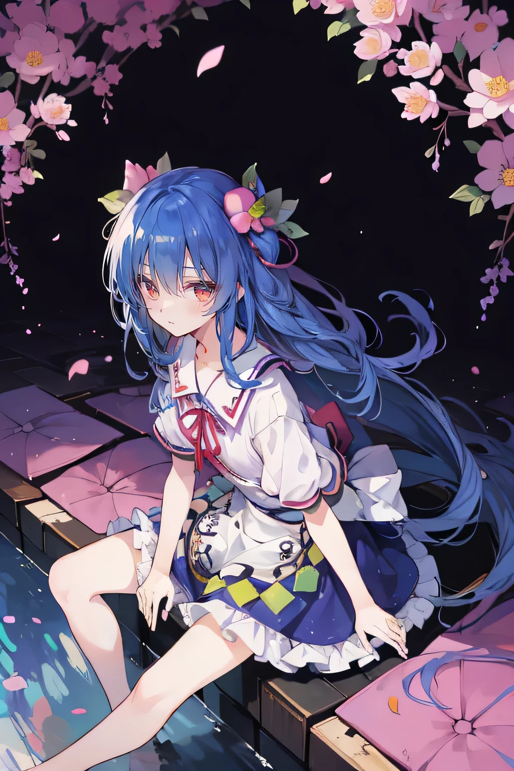 (best quality, masterpiece:1.2), expressive eyes, perfect face, 1 girl, hands on waist, beautiful, gorgeous, Japanese animation, Lola, Hinamori Angel, blue hair, floating clothes, waist grab, waist grab, hands on hips, sitting, sitting on the ground, legs on the ground, flat-chested, falling petals, sitting in a pavilion, pavilion.