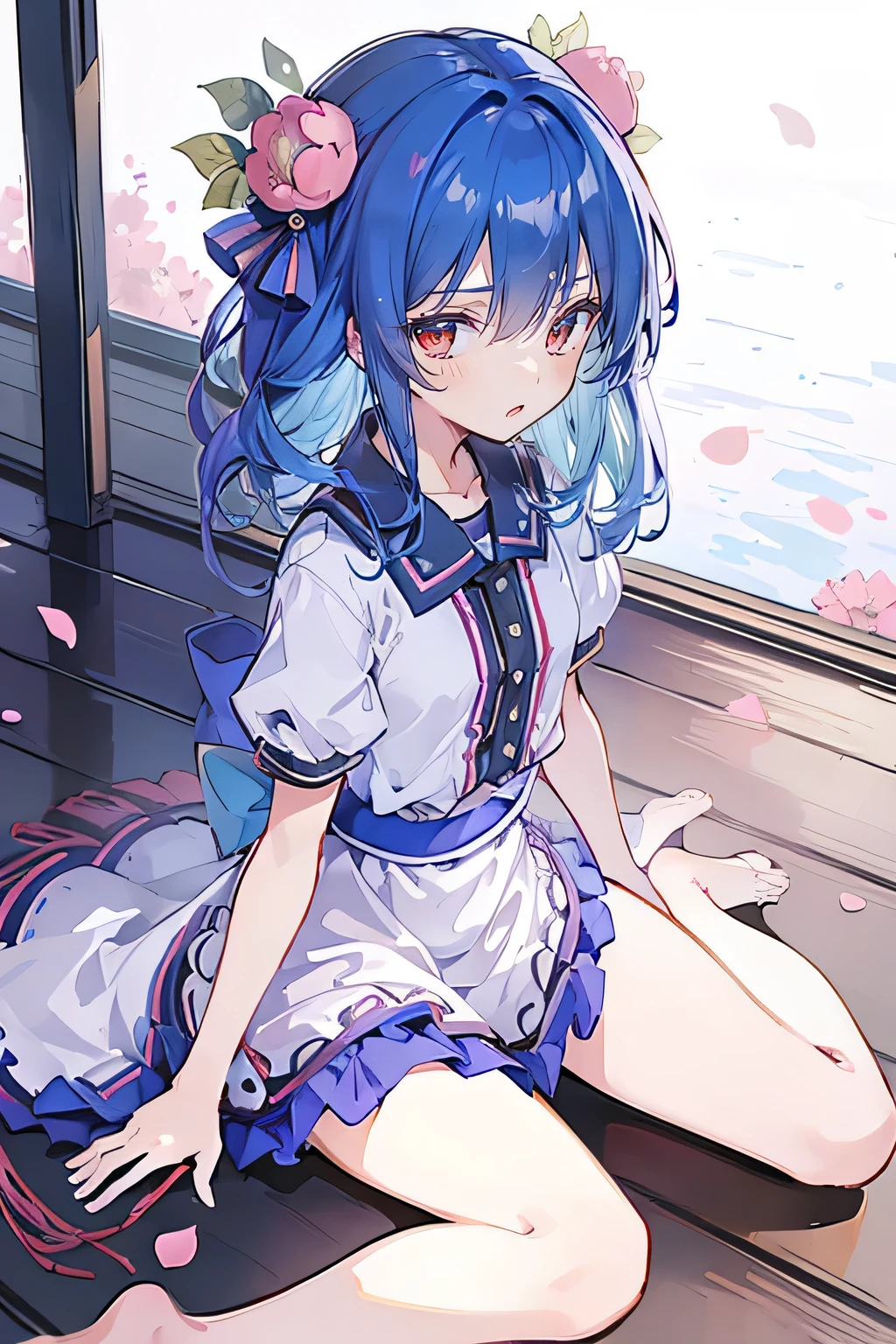 (best quality, masterpiece:1.2), expressive eyes, perfect face, 1 girl, hands on waist, beautiful, gorgeous, Japanese animation, Lola, Hinamori Angel, blue hair, floating clothes, waist grab, waist grab, hands on hips, sitting, sitting on the ground, legs on the ground, flat-chested, falling petals, sitting in a pavilion, pavilion.