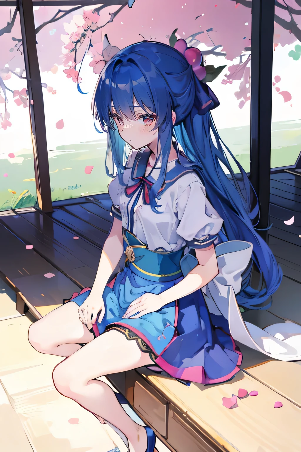 (best quality, masterpiece:1.2), expressive eyes, perfect face, 1 girl, hands on waist, beautiful, gorgeous, Japanese animation, Lola, Hinamori Angel, blue hair, floating clothes, waist grab, waist grab, hands on hips, sitting, sitting on the ground, legs on the ground, flat-chested, falling petals, sitting in a pavilion, pavilion.