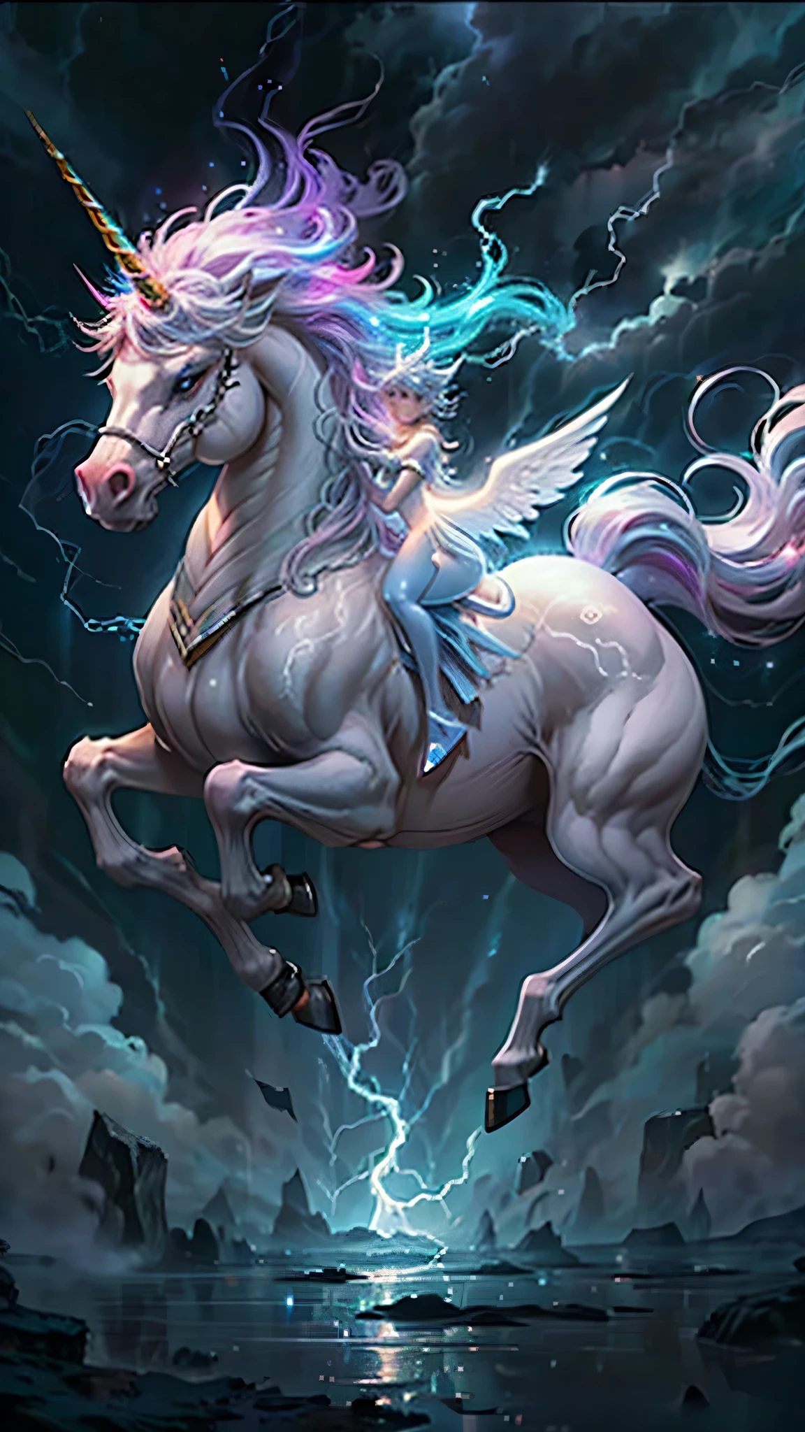 1 unicorn is running, storm, lighting, glowing, magic