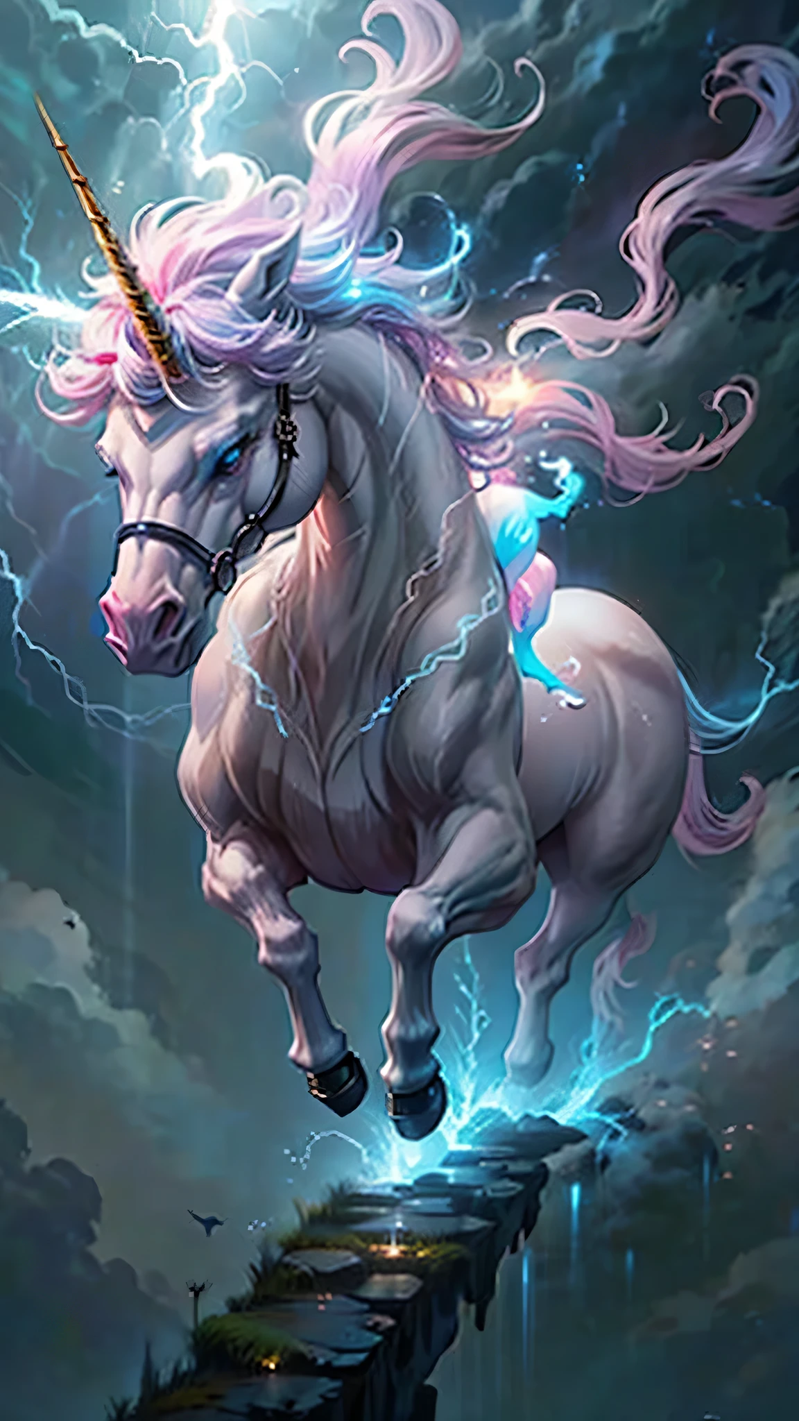 1 unicorn is running, storm, lighting, glowing, magic