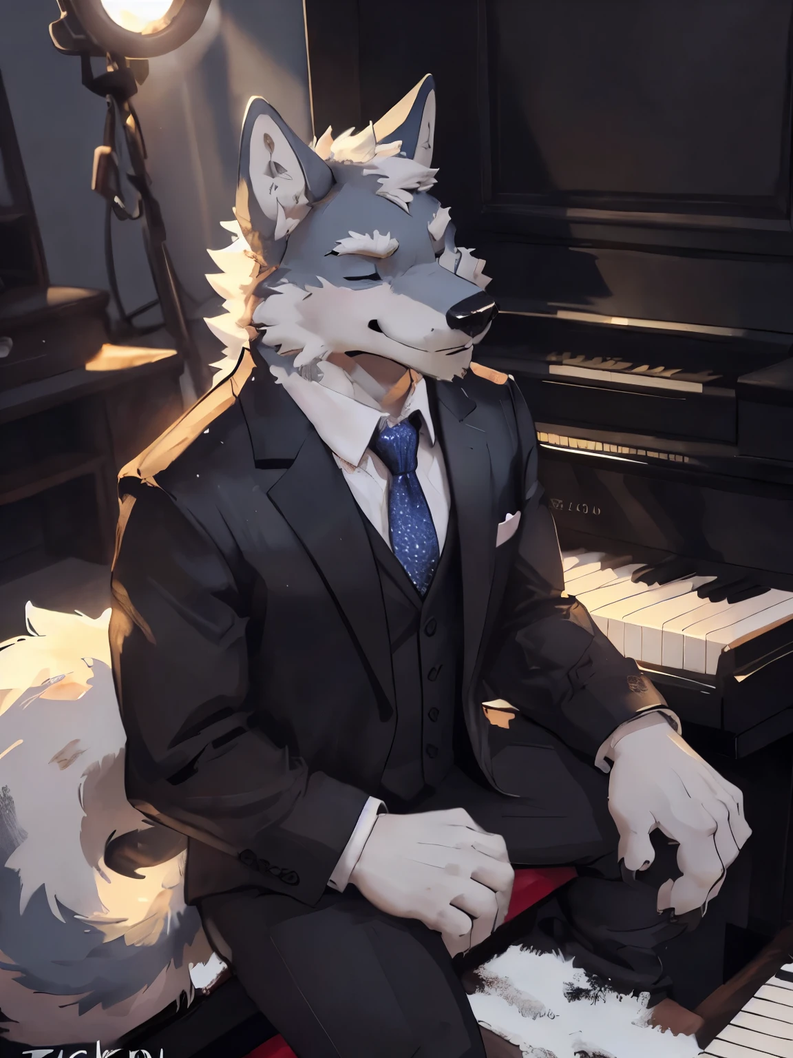 deobaed anatomy, Humanity，((Snow-white wolf| Snow white | Blue Eyes)),(eyes closed),depth of field,god rays,atmospheric perspective,Sitting,(play piano),middle age,male,(In the concert hall),Beast field,(Athletic),(Muscular plump),((Wearing a musician&#39;s suit)),(Super detailed),Sharp focus,light smile,de-tailed eyes，Wolf Tail ，best qua,lity,By Bei Bei Bei Bei, by zackary911