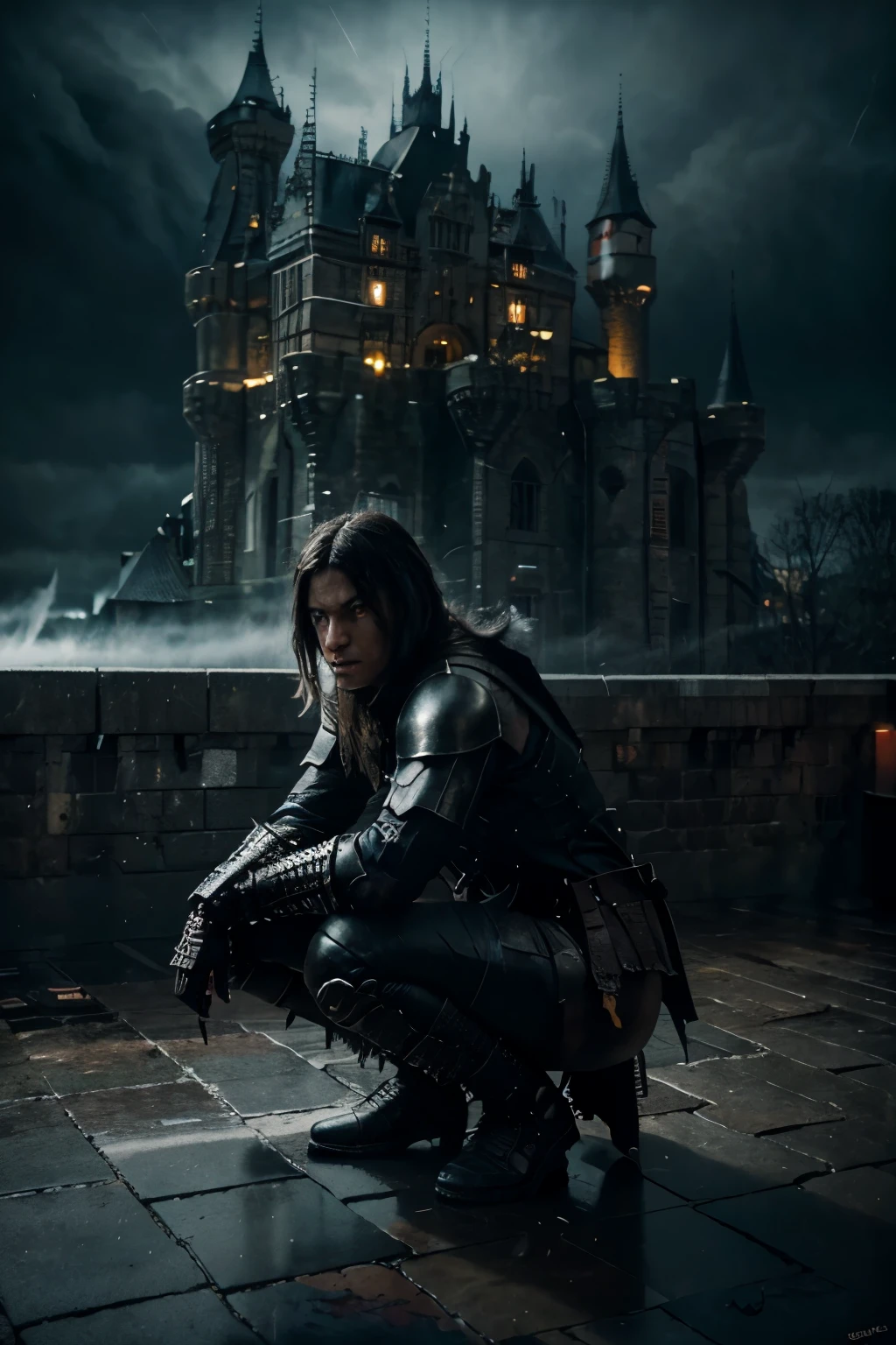 Dystopian style, fbeautiful (Swedish: 1.3), Full Demon armor (Demonic armor: 1.3), 1 person, (insanely detailed: 1.5), light particle, (fog on the floor: 1.3), ((solo)), (top Quality, Alessandro Casagrande, Greg Rutkowski, Sally Mann, concept art, 4k), (colorful), (high sharpness), ((detailed pupils)), red eyes, ((painting:1.1)), (digital painting :1.1), detailed face and eyes, masterpiece, best quality, very detailed photo: 1, 8k, detailed face, photorealistic, dark and gloomy, fog, thunder background, Jeremy mann, Sandra Chevrier, Maciej Kuchara,((male demon)), sharp, ((perfect body)), realistic, real shadow, 3d, ((squatting warrior)), ((dark and gloomy castle background: 1.3)), stormy sky, thunder, (by Michelangelo), king's pose: 1.1, side view: 1.1, by Mobius