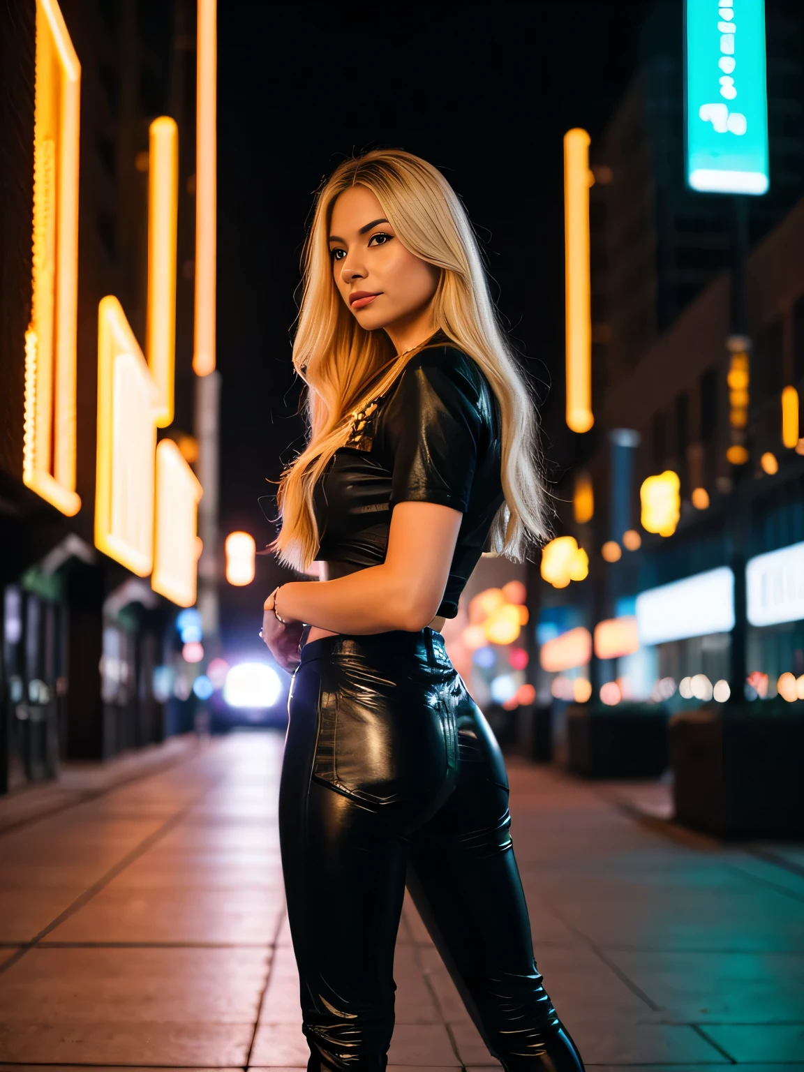 in photorealistic style, a blonde gorgeous woman with long blond wavy hair in black leather pants and a white short t- shirt, stands on a big city avenue at night in neon light, blurred background, bokeh