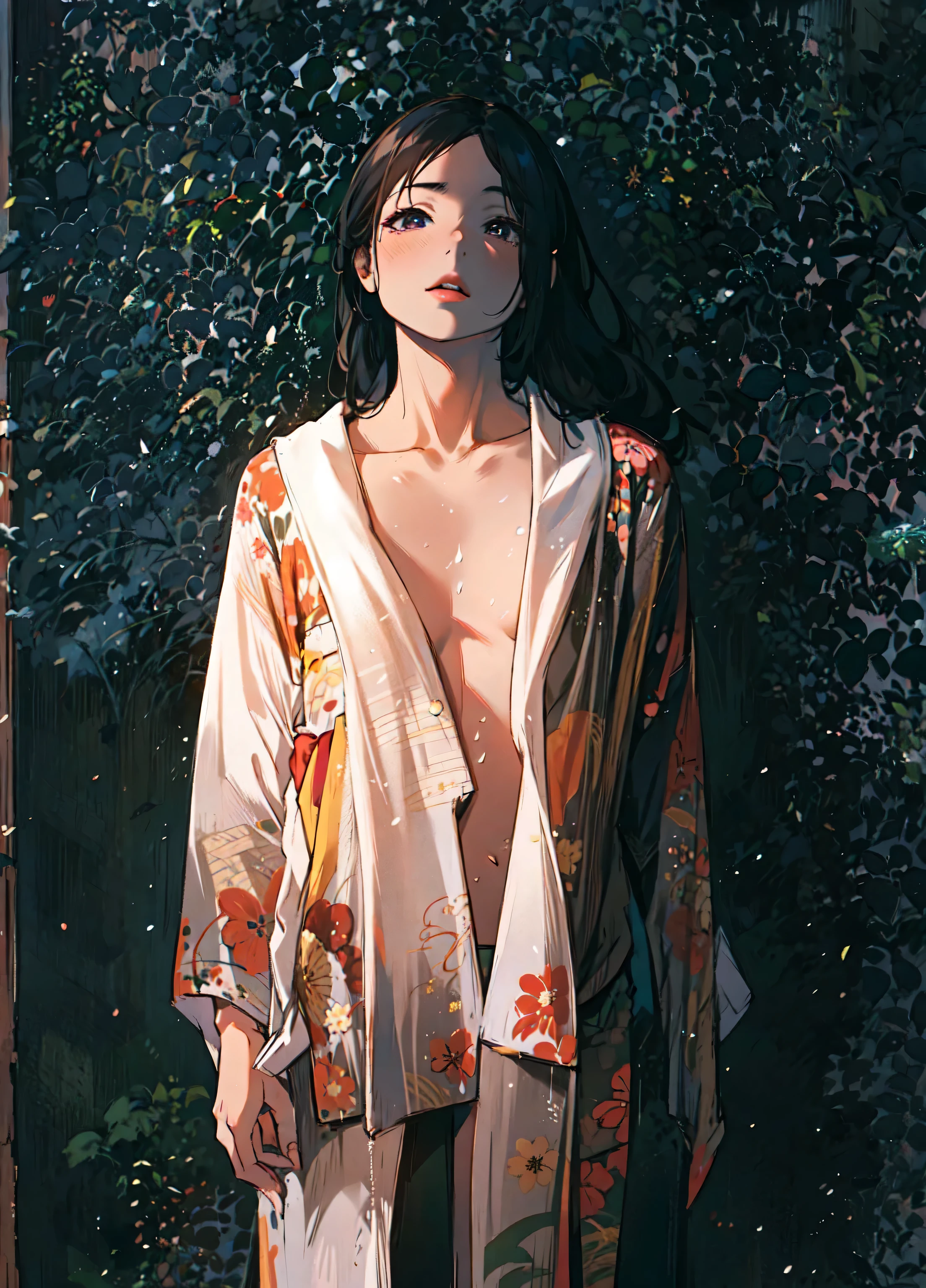 arafed japanese woman in a kimono standing against a wall, open kimono revealing her body, flat chest, white breast, 